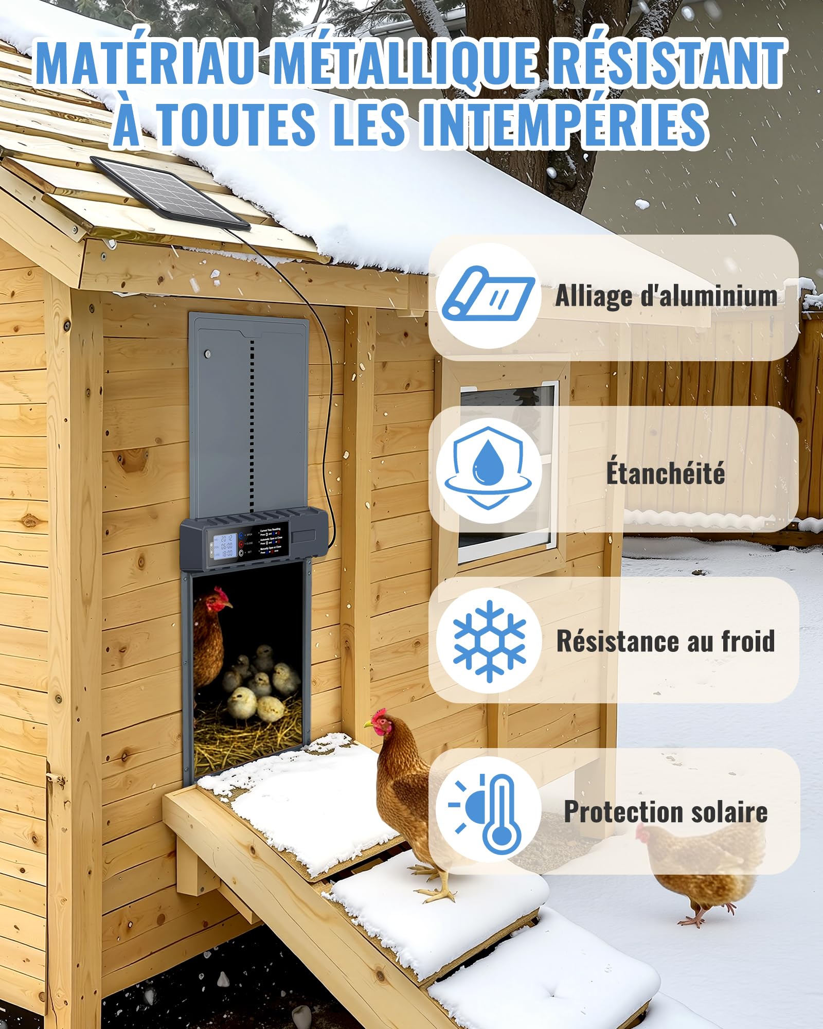 Porte Automatique Poulailler Solaire Grande Taille 27.5x36cm avec Télécommande&USB-C Cable,Porte Poulailler Bleu en Aluminium Étanche,3 Modes,Affichage LED,Sécurité Anti-Pincement,Minuterie
