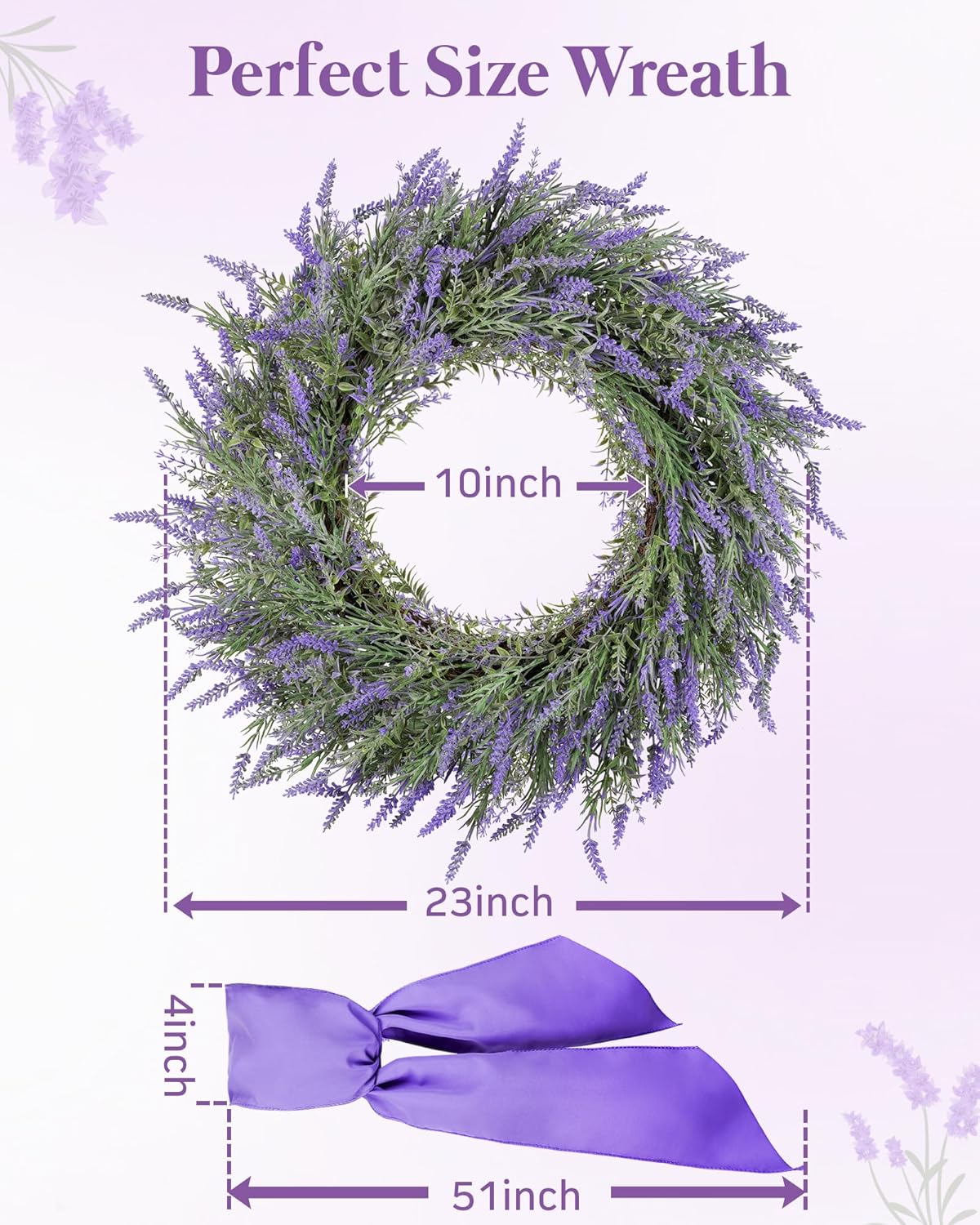 ddhs 23inch summer wreaths for front door, artificial large lavender wreath for farmhouse window wall, wedding, indoor & outdoor spring summer all seasons (purple sash)