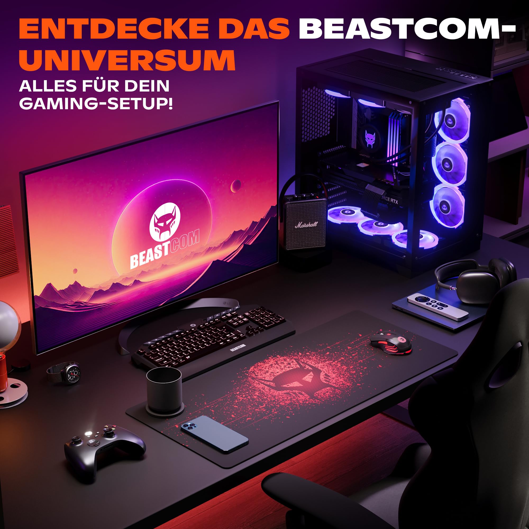 BEASTCOM Hero X2000R - Tappetino per mouse da gaming, colore rosso, XL (900 x 400 mm), base in gomma antiscivolo, facile da scivolare, materiali ecologici, bordi senza cuciture, sottomano da scrivania