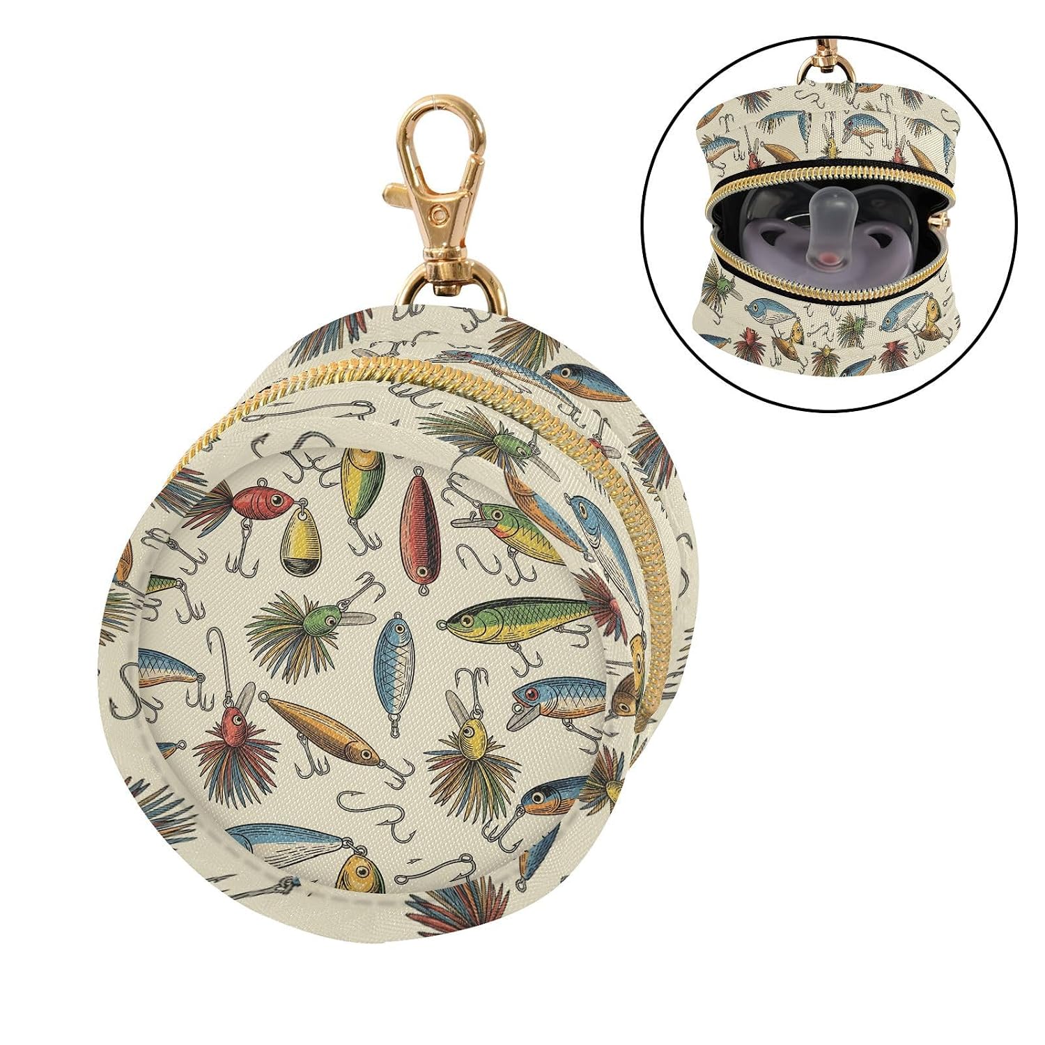 Fishing Lures Colorful Pattern Baby Pacifier Holder Case with Clip Portable Pacifier Storage Organizer Round Container Pouch Box Fits Diaper Bag Stroller Purse