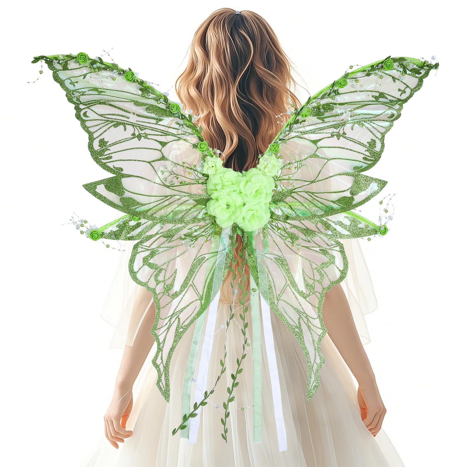 Adult Fairy Wings Green Flowers Bead Pendulum Fantasy Fancy Dress Costumes Carnival Halloween Renfaire Christmas LARP Cosplay Prom Party Accessories Women's Costume