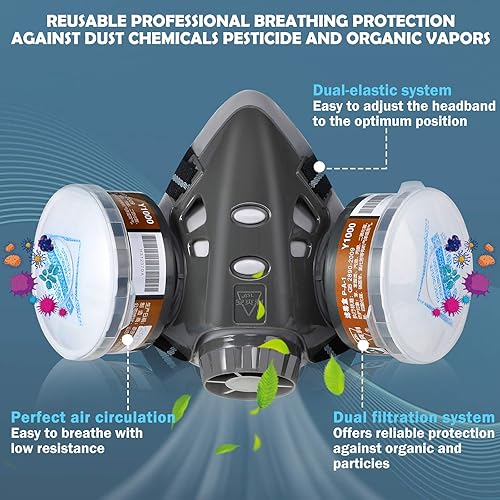 Miniatura 5 de Juego de cubrebocas reutilizable con filtros, respirador de carbono activo para pintar contra gas, polvo, vapores orgánicos, olores, humos, aserrín,