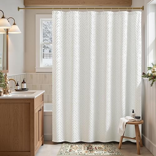 jinchan Cortina de ducha extra larga, color verde y blanco, cortina de ducha de tela moderna en espiga en zigzag, cortinas de ducha con cheurón para