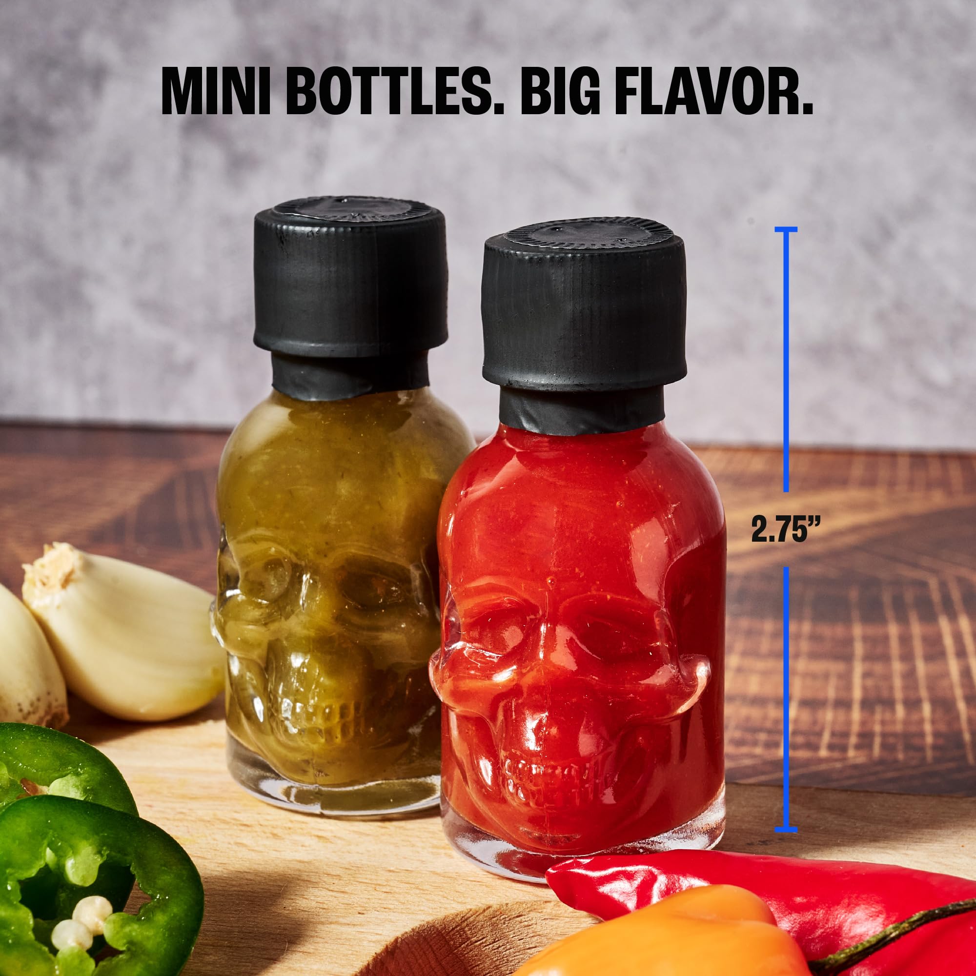 Man Crates: Surtido «Hot Sauce Inferno» — Incluye 21 sabores en mini botellas de salsa picante con forma de calavera; un desafío picante con habanero, chile fantasma y más.