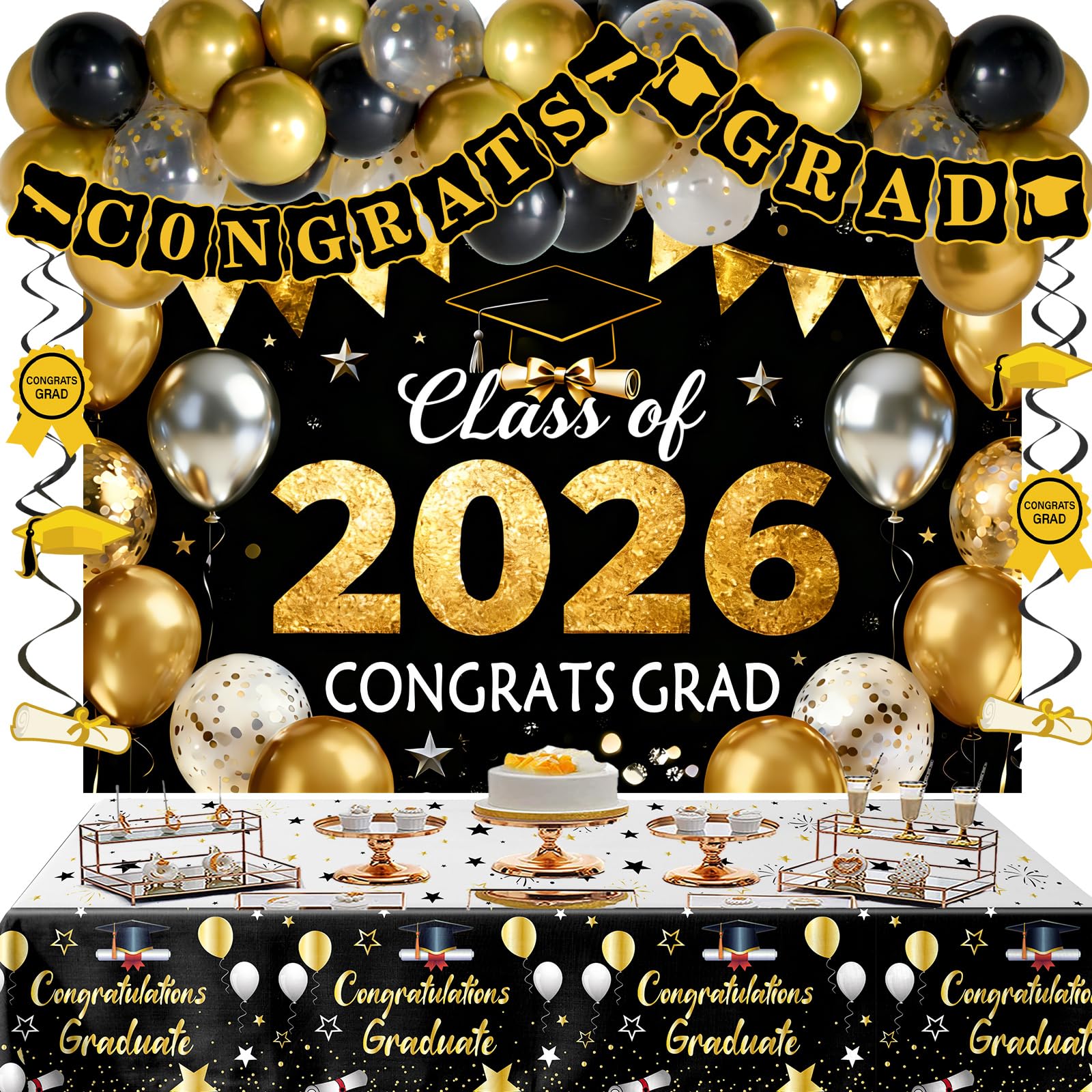 Graduation Decorations 2026, Black and Gold Graduation Decoration Set with Class of 2026 Backdrop Congrats Grad Banner Balloons Hanging Swirls Tablecloth for College High School Party Decorations