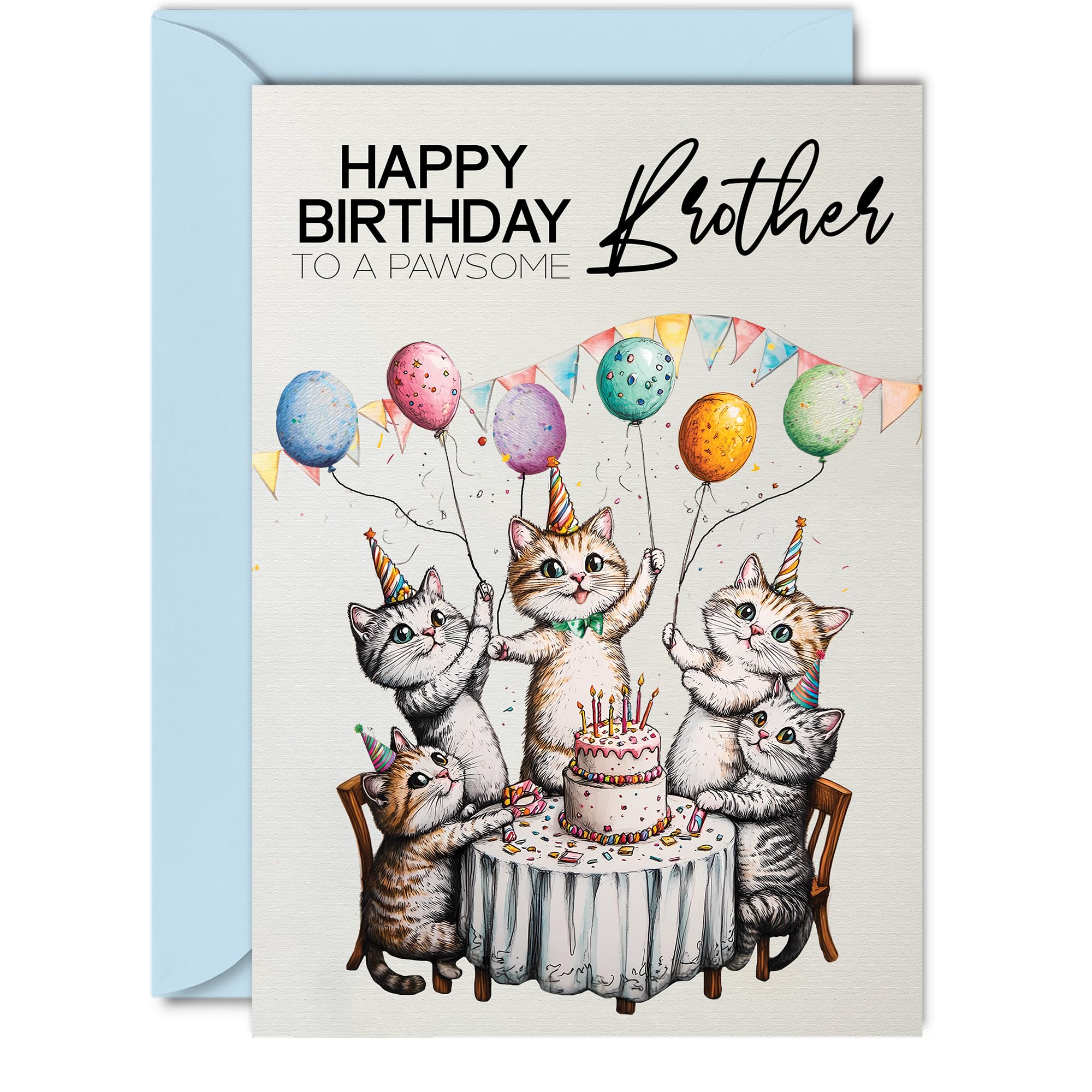 Brother Birthday Card - Pawsome Party Cats Balloons - Happy Birthday Card for Brother from Sister Brother, A5 Male Cat Bday Greeting Cards