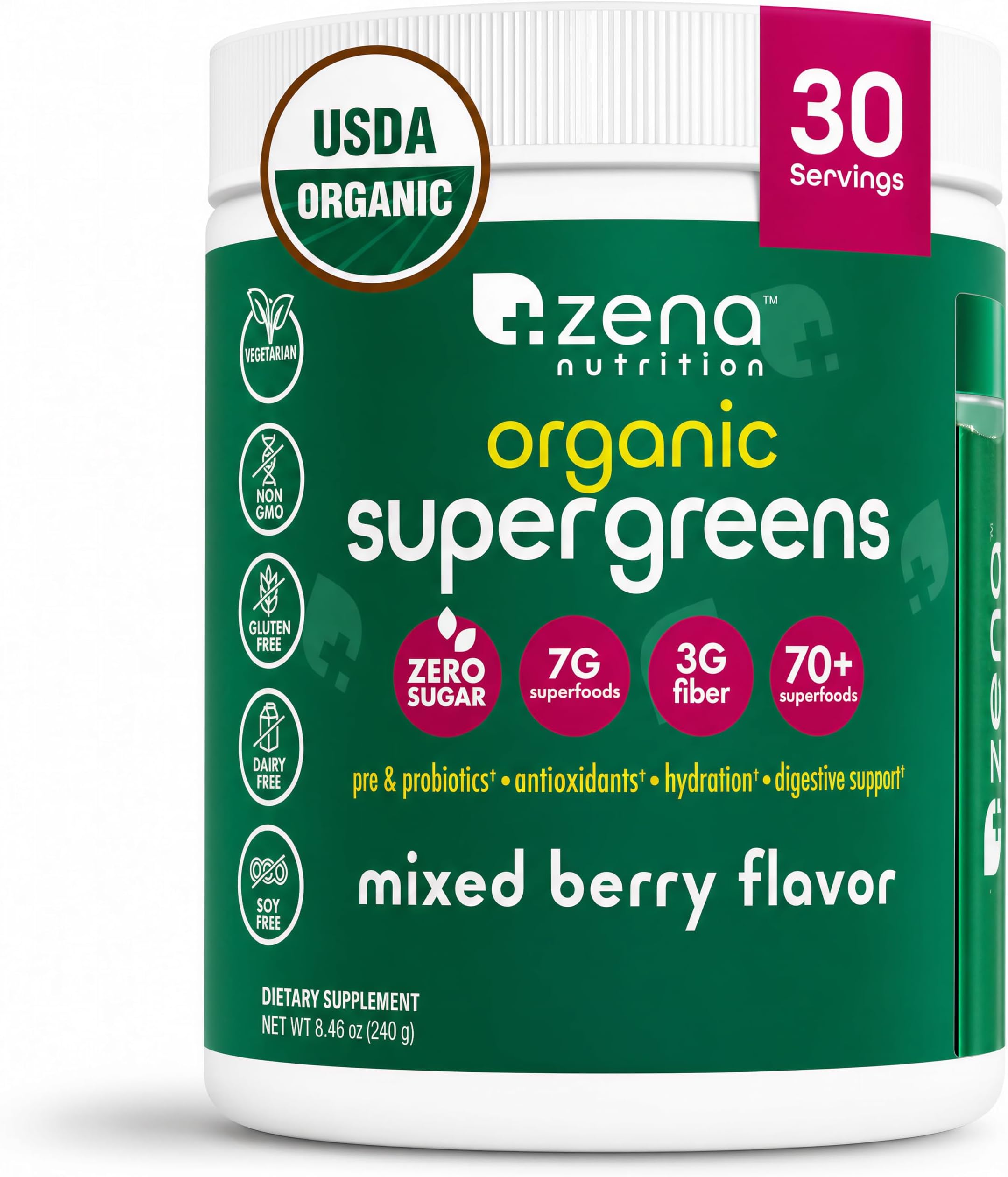 Zena Nutrition Organic Super Greens Powder, 70+ Superfoods, 0 Sugar, 3G Fiber, Spirulina, Chlorella, Antioxidants, Prebiotics/Probiotics, Digestive Enzymes, Mixed Berry, 30 Servings