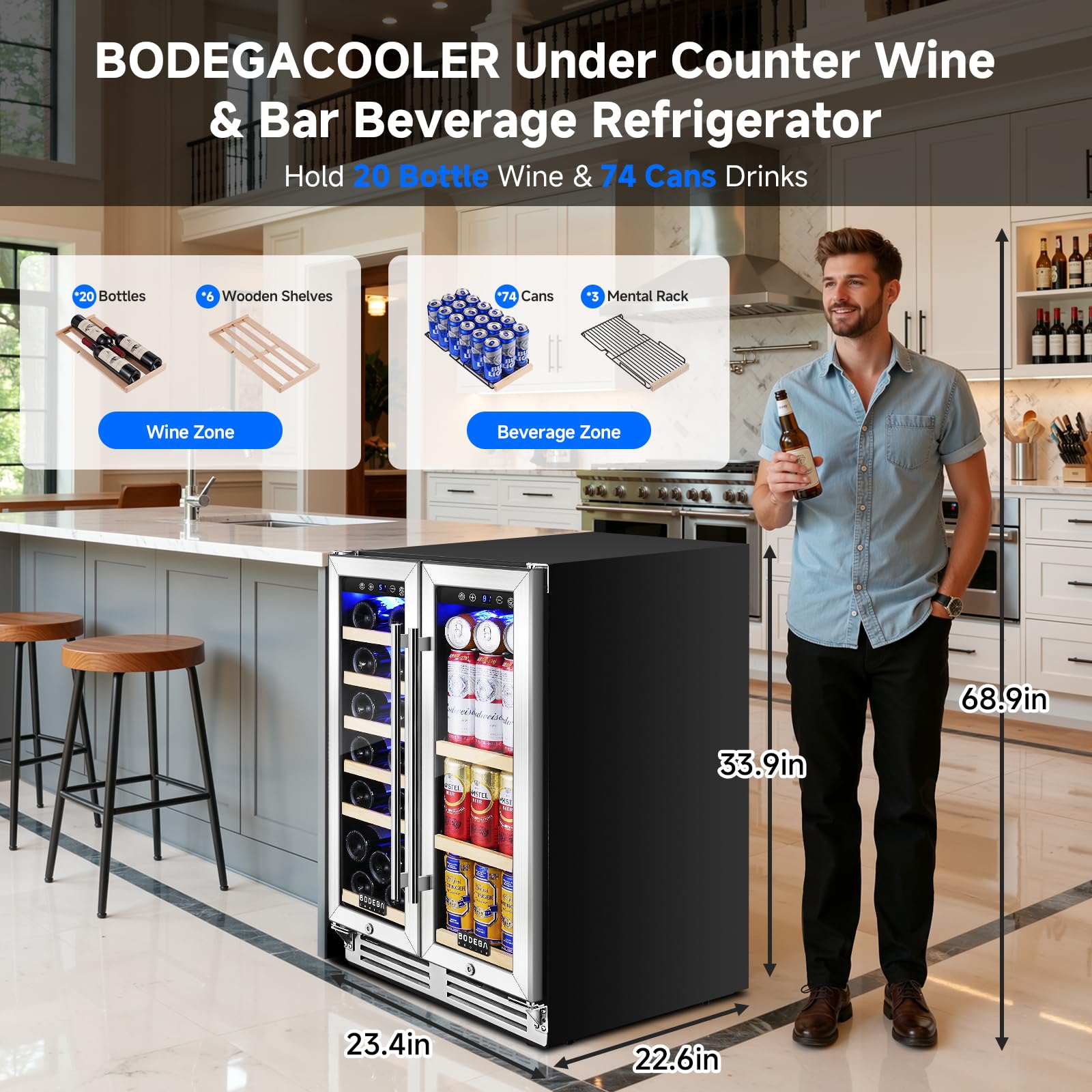Bodegacooler Wine And Beverage Refrigerator, 24 Inch Dual Zone Wine Fridge, Holds 20 Bottles And 74 Count, French Doors, Under-Counter Or Freestanding Wine Cooler, Beverage Fridge With Tempered Glass on Fridge.com - View 2