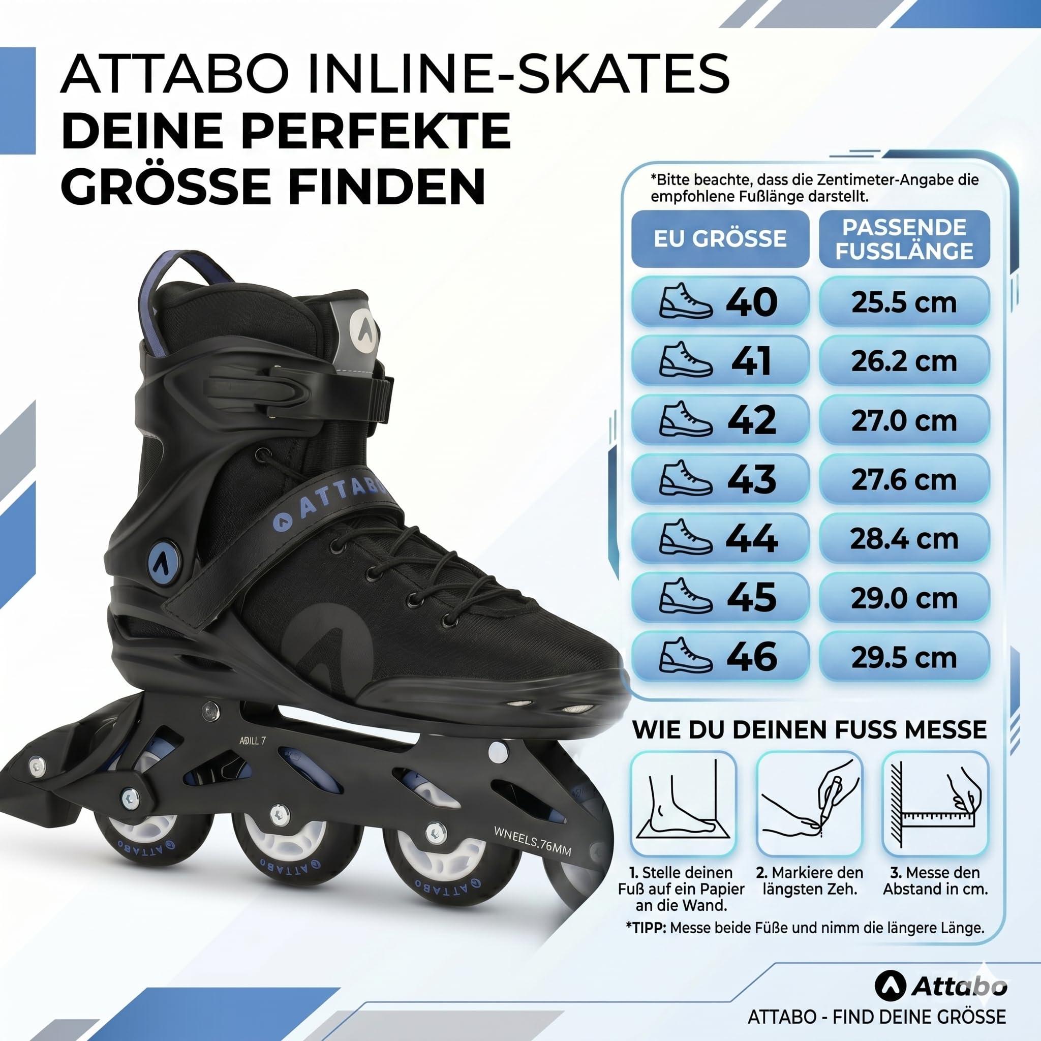 ATTABO Cyclone Alu Rollers en Ligne pour Homme – Rail en Aluminium, Roues en PU 76 mm 82A, ABEC-7, avec Lacets, Sangle et Boucle, Tailles 40–46