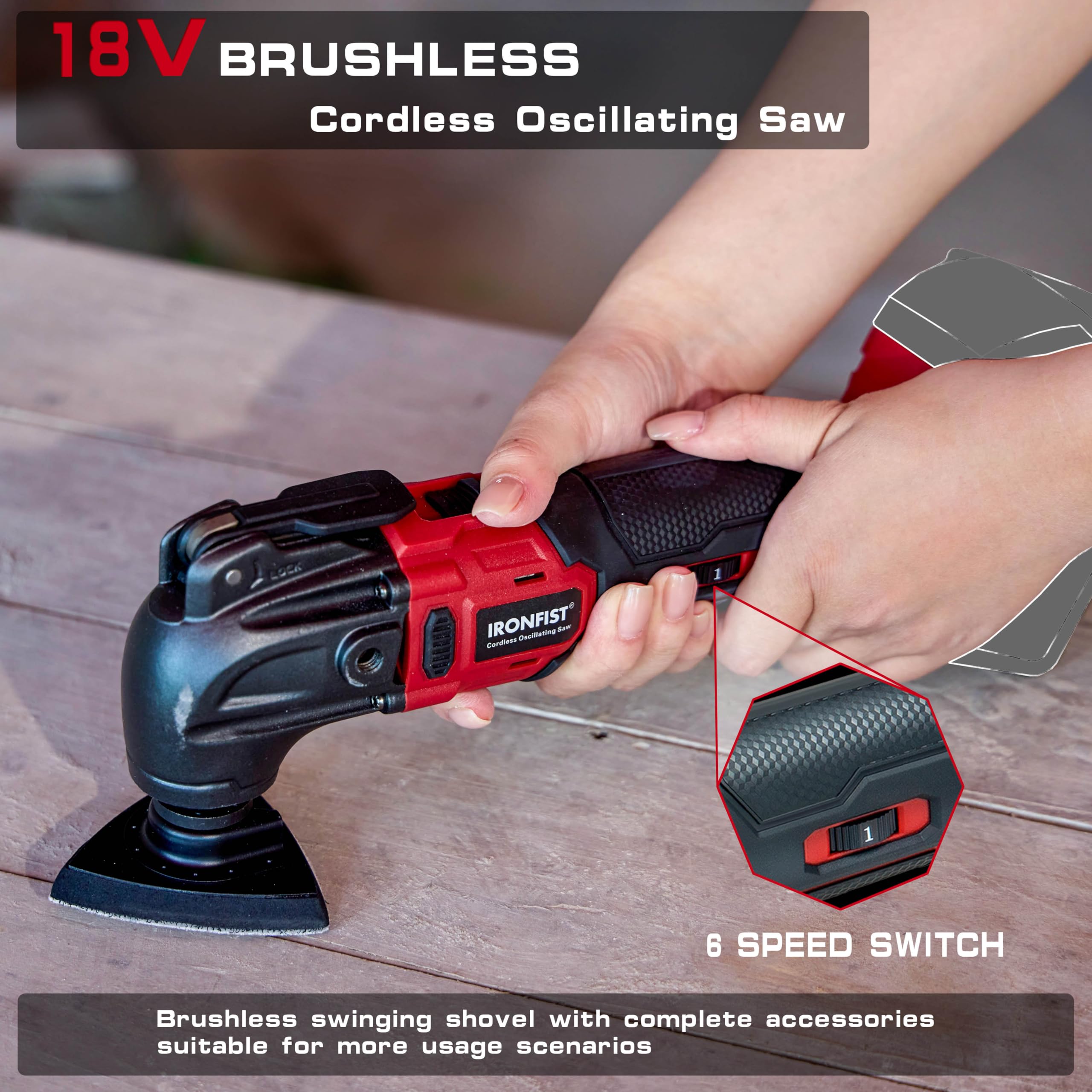 IRONFIST Herramientas oscilantes inalámbricas compatibles con MILWAUKEE M18, 6 velocidades 8000-20500 RPM, motor sin escobillas, multiherramienta inalámbrica para raspar, lijar, cortar madera (batería