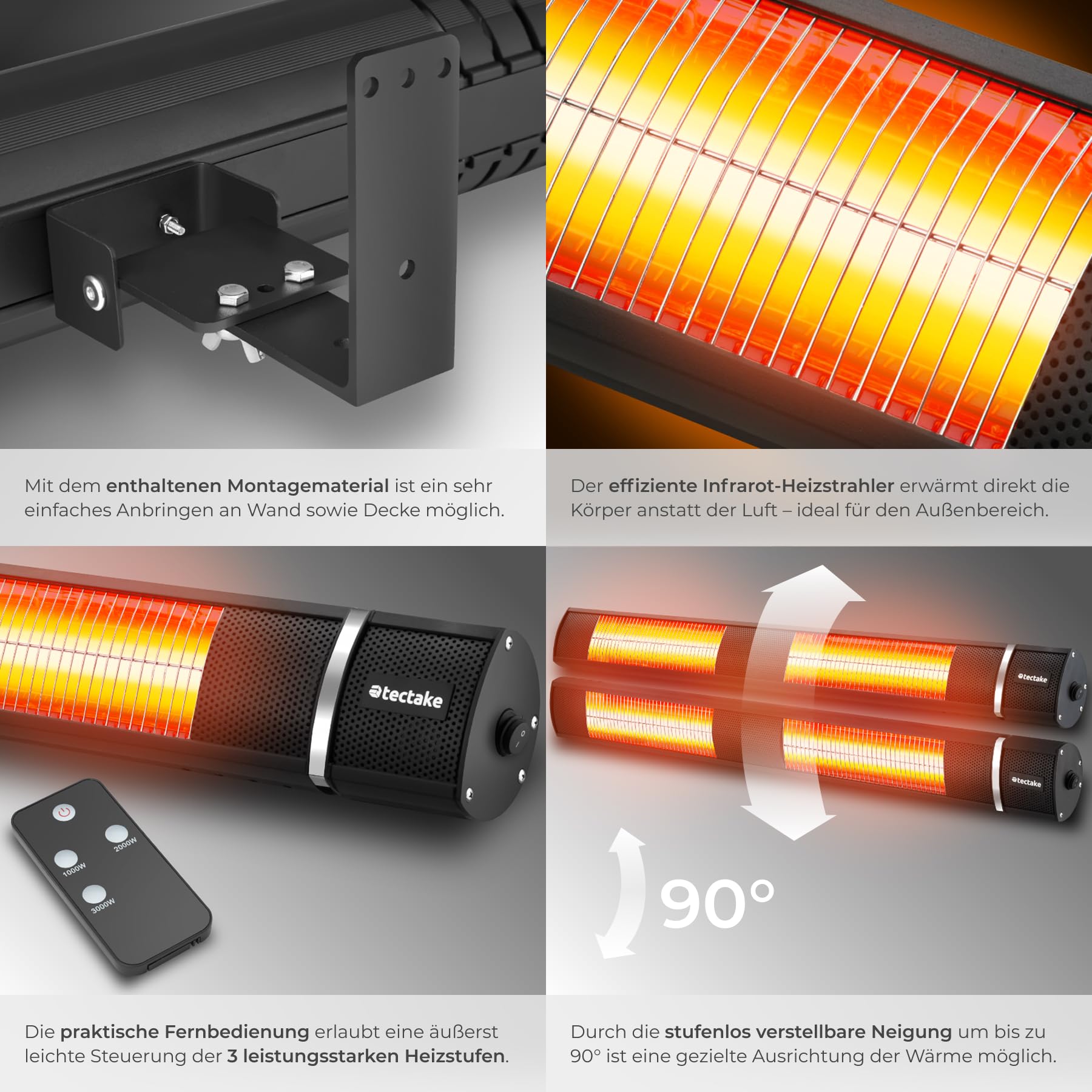 tectake® Infrarot Heizstrahler mit Fernbedienung als Wandheizung oder für Decke, outdoor und indoor, Wärmelampe hängend für Terrasse, Infrarotheizung Camping, elektro Wärmestrahler 3000W