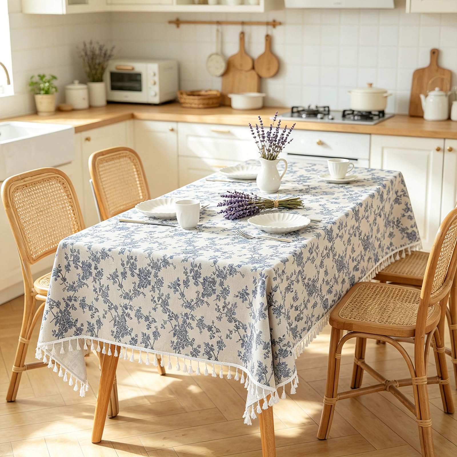 Epinki Blue Square Table Cloth 90x90cm, Polyester White Tassel Spill Resistant Oil-Proof Heat-Resistant Dustproof Floral Table Cover, Decorative Tablecloth