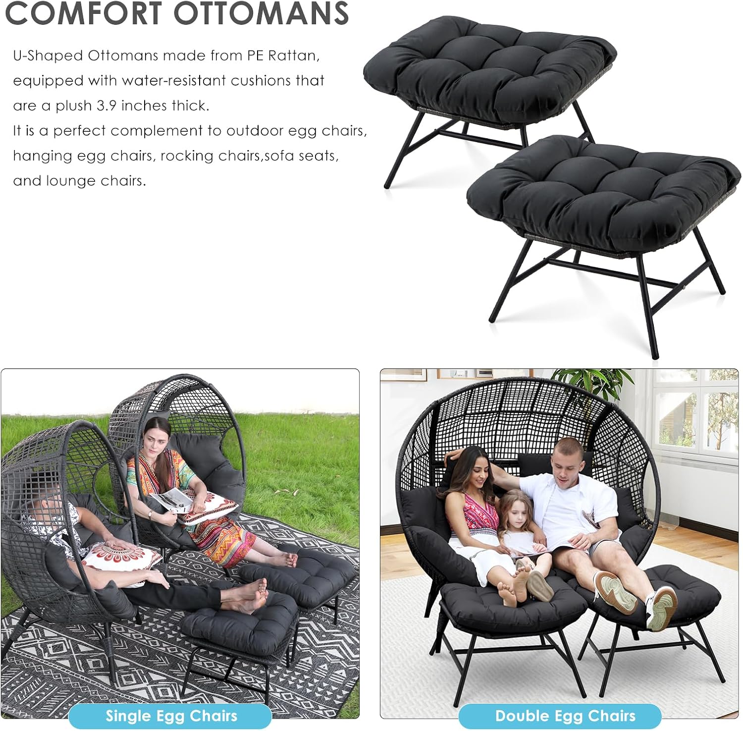 RADIATA Wicker Ottomans Set of 2, Outdoor Chair Footstool with Cushions, PE Rattan Ottoman for Patio Furniture, Detachable Metal Frame Foot Rest for Porch Living Room Bedroom Balcony Courtyard, Gray