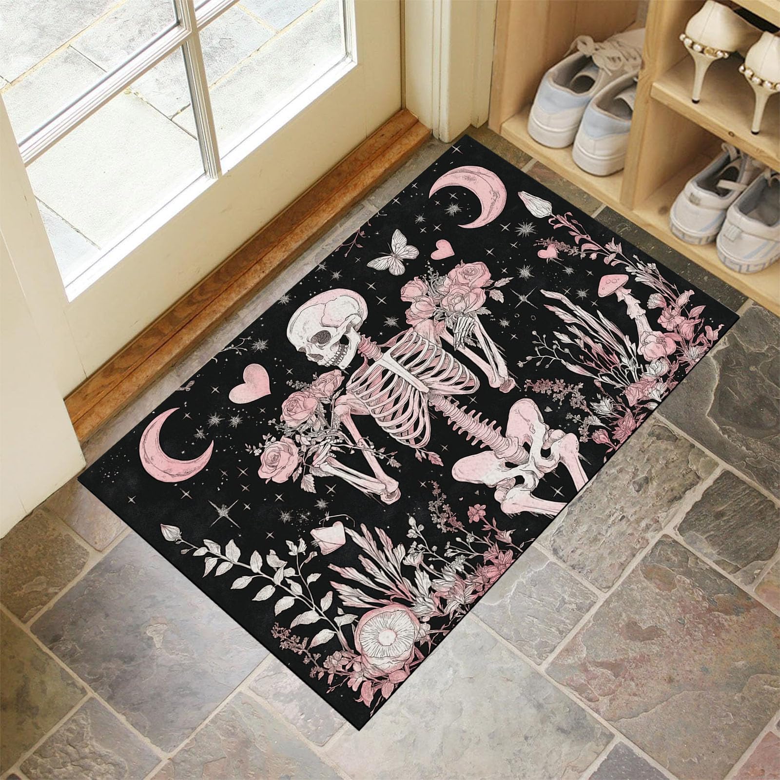 Zerbino per Ingresso 60 x 90 cm, Tappetino Rose Rosa Luna Scheletro Umano, Zerbini Guarigione Stile Oscuro Con Fondo Gomma Antiscivolo per Corridoio, Porta D'ingresso, Camera Da Letto