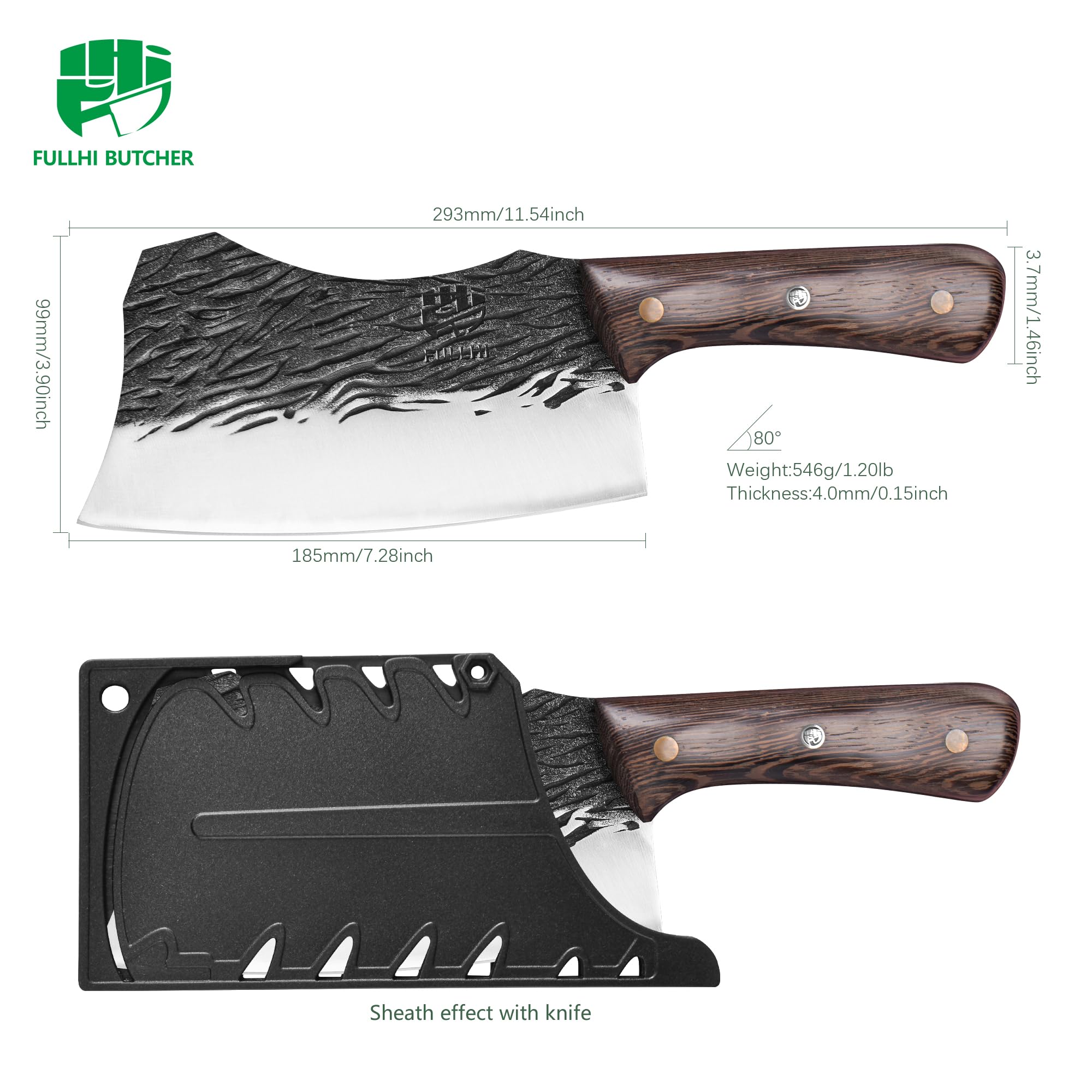 FULLHI Meat Cleaver bbq Cuchillo de Chef con Fundas de Acero al Carbono para Cortar Carne Set de Cuchillos de Cocina para Regalos Idea Hombres mujeres (Marrón, 19,5cm)