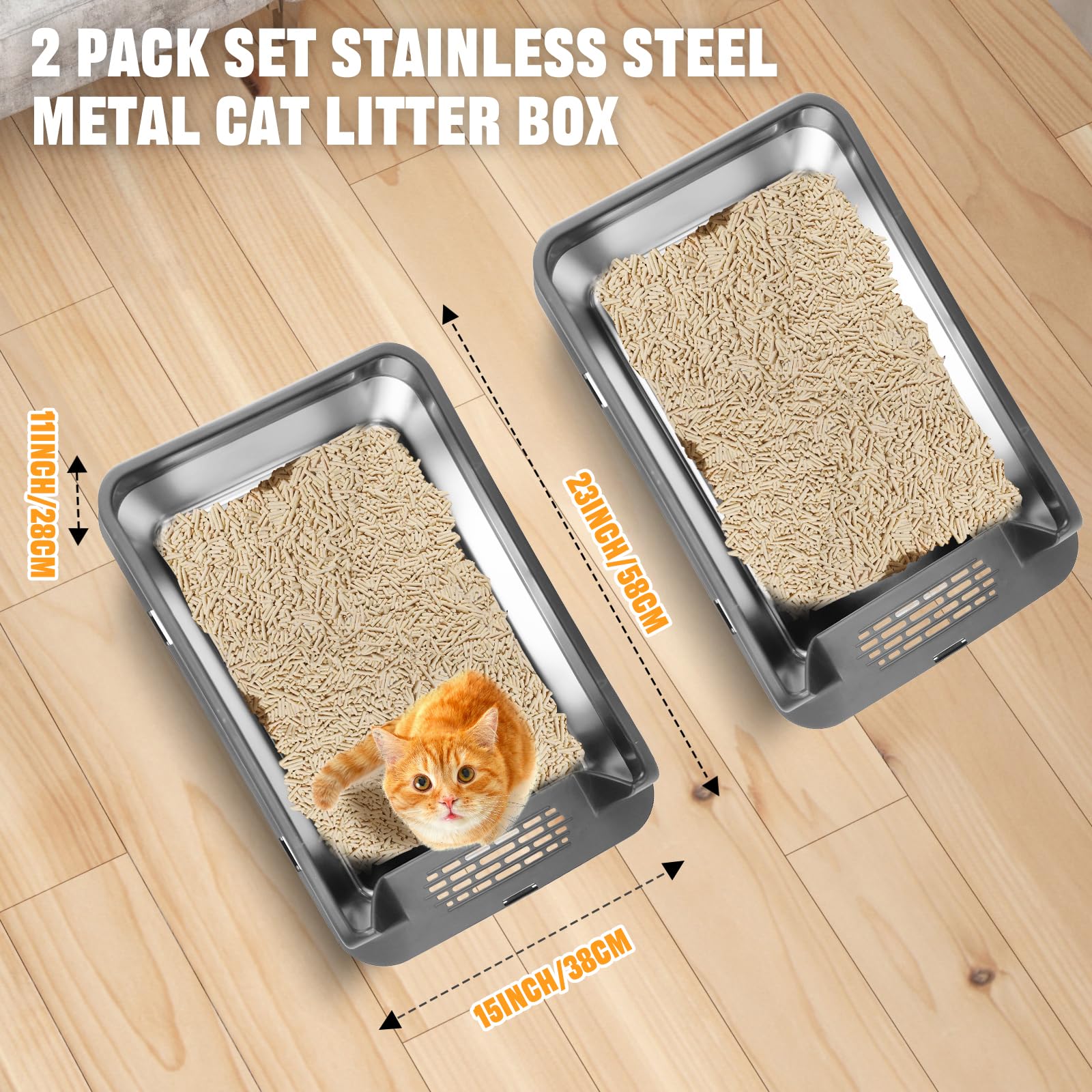 Homegroove Juego de 2 cajas de arena para gatos de acero inoxidable, 58 x 38 x 28 cm, XL, metal, para gatos grandes, con tapa y borde alto, incluye pala, fácil de limpiar (gris oscuro)