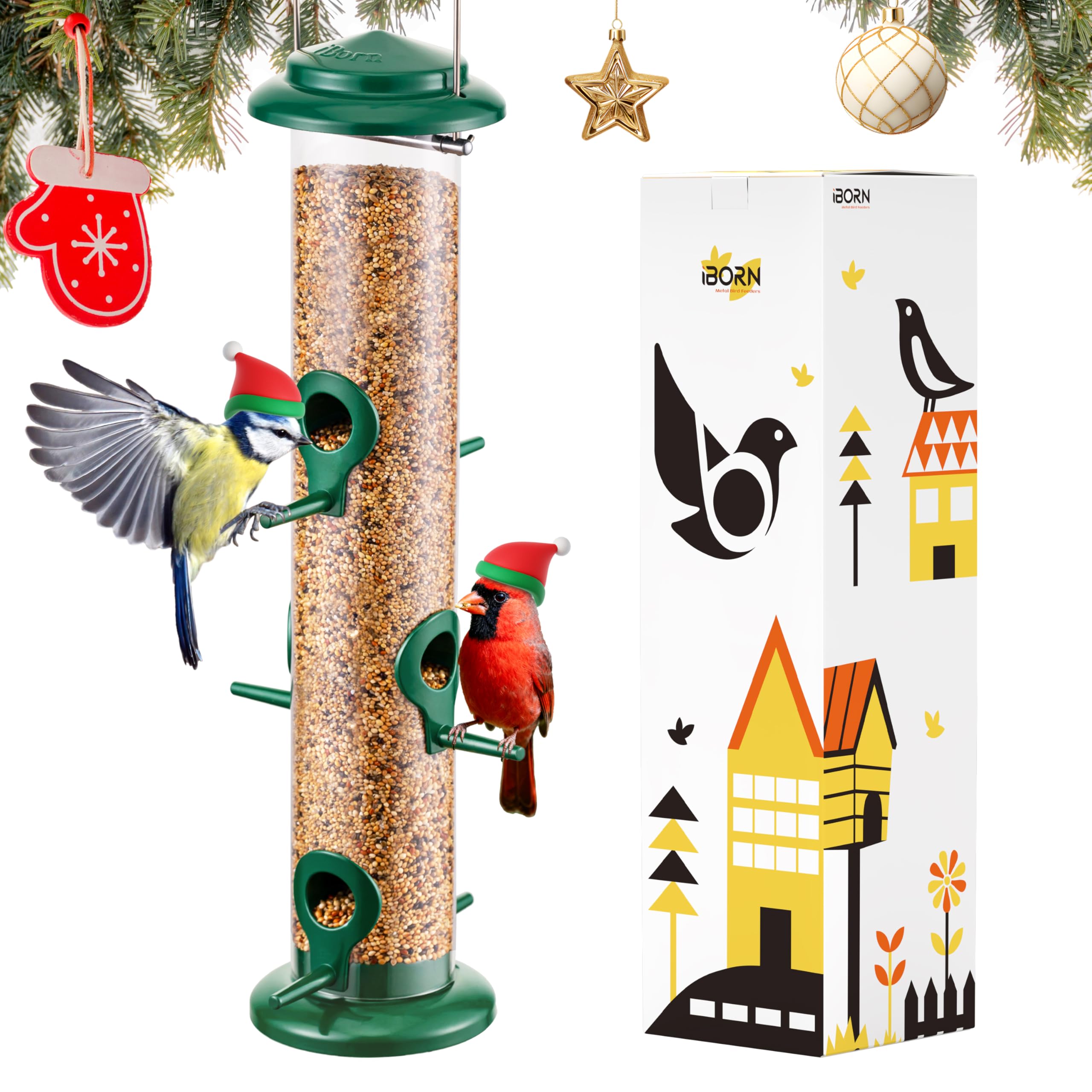 Metal Bird Feeders 6 Ports Hanging Wild Bird Seed Feeder for Mix Seed Blends, Niger Seed Feeder, Sunflower Heart, Birdbath, Heavy Duty All Metal Green Finishing 14 Inch 6Port