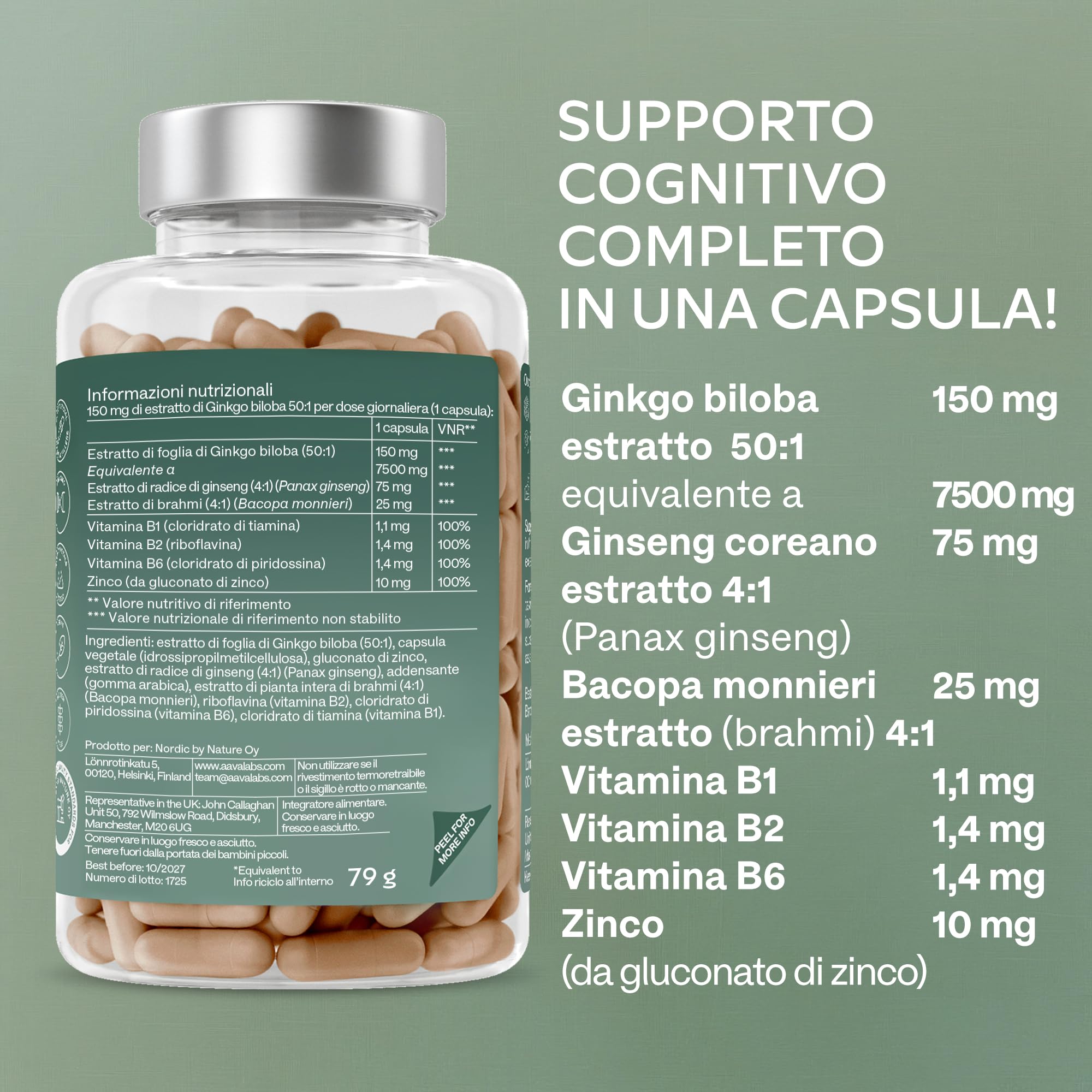 Ginkgo Biloba Integratore 7500mg 50:1 con Ginseng Rosso Coreano, Bacopa Monnieri, Vitamina B Complex, Zinco - Nootropico Integratore Memoria e Concentrazione, Metabolismo, Circolazione - 180 capsule