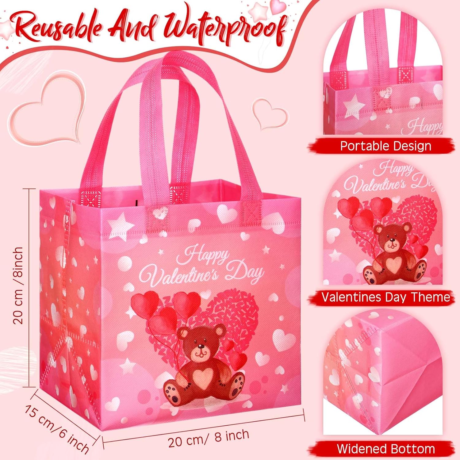 Valentine's Day Gift Bags with Handles Non Woven Reusable Treat Bags Waterproof Tote Bags for Kids Gift Wrapping - Image 3