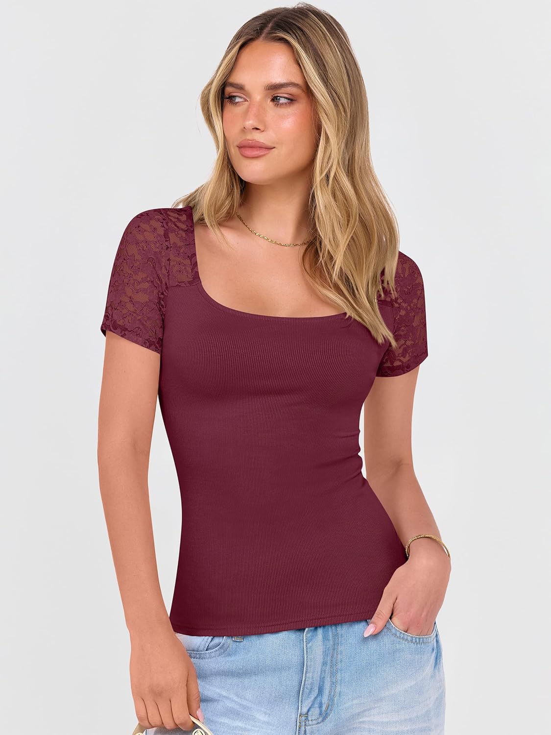 ANRABESS Womens Short Sleeve Shirts Scoop Neck Lace Going Out Tops Slim Fit Rib Knit Casual Tee 2026 Summer Fashion Outfits - Image 4