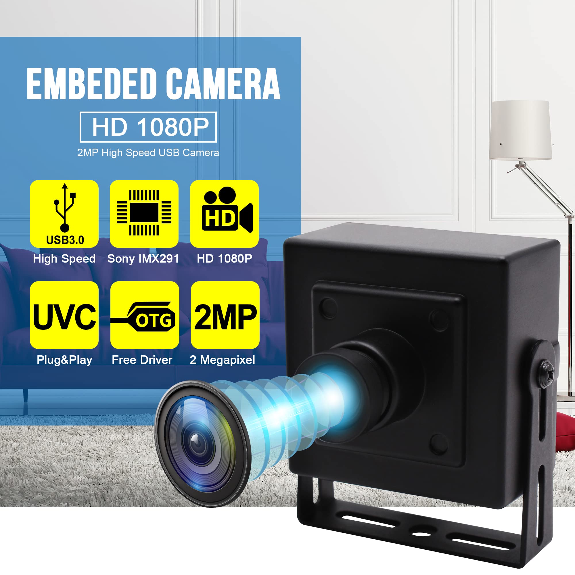 ELP Cámara web USB 3.0 de 2 MP, sensor IMX291, 1080P a 50 fps, lente de 100°, Plug & Play, compatible con Windows/Android/Linux/MacOS