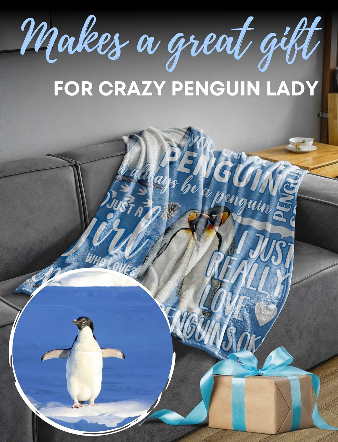 Penguin Lover Gifts for Women, Men, Girls for Birthday, Christmas, Flannel Blanket Throws 50"x 65" - Blue - Image 7