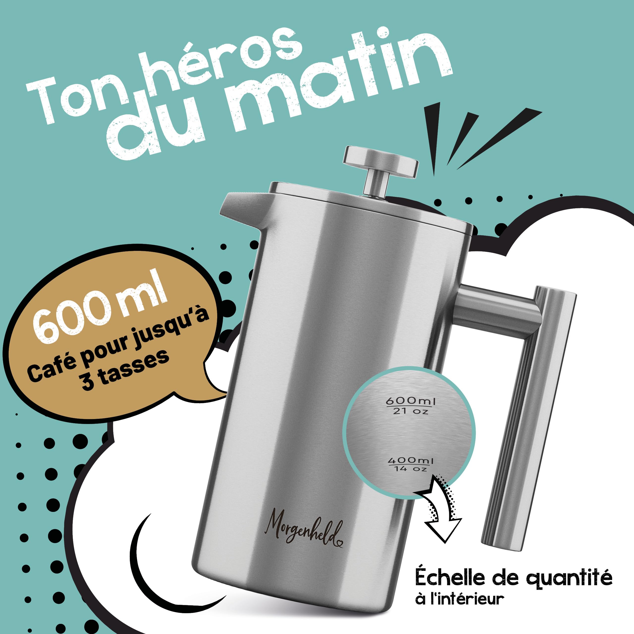 Morgenheld Cafetière à Piston 3 Tasses 600 ml Inox – Double Paroi Induction
