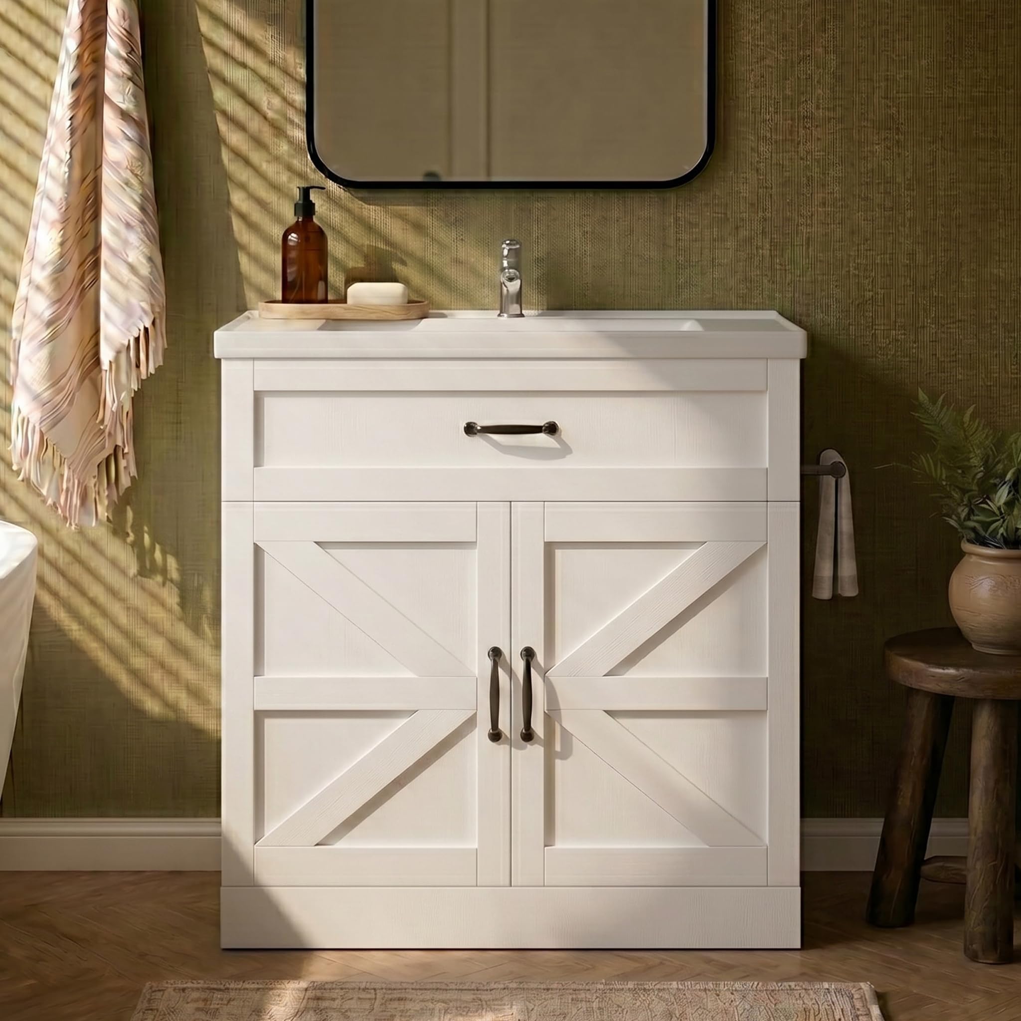 4ever2buy 31 Inch Bathroom Vanity with Sink, Barn Doors, White