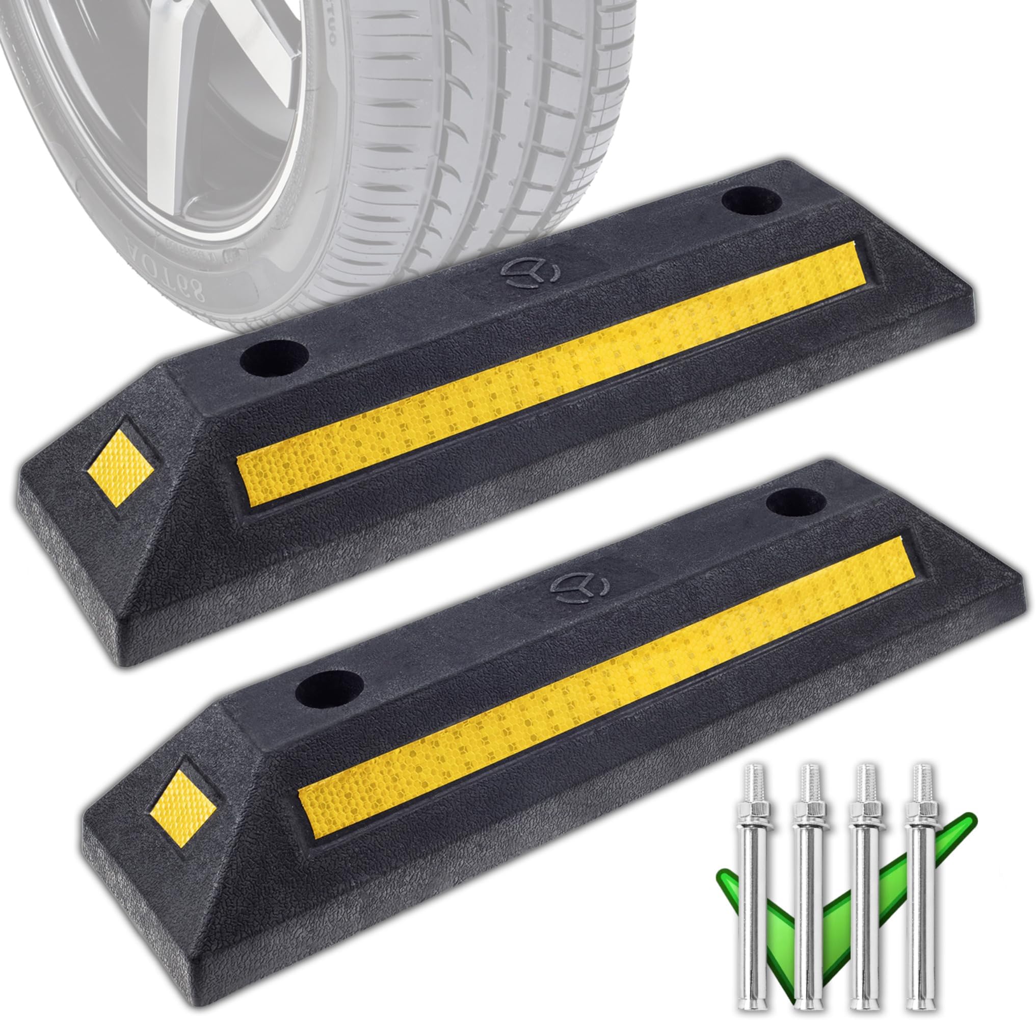 2 Pack Heavy Duty Rubber Parking Stopper for Garage, Wheel Stops for Parking with Reflective Safety Strips and 4 PCS Expansion Bolts, High Visibility Tire Blocks for Car, Truck, RV, Trailer, Vans
