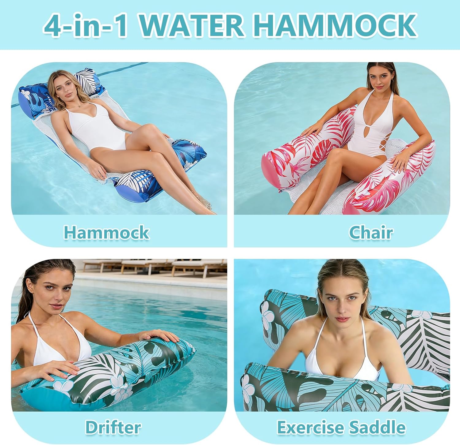 3-Pack Plus Size Pool Floats for Adults – 4-in-1 Inflatable Water Hammock Lounge Chair, Heavy Duty Floating Raft for Swimming Pool, Lake, Beach, Vacation & Pool Parties