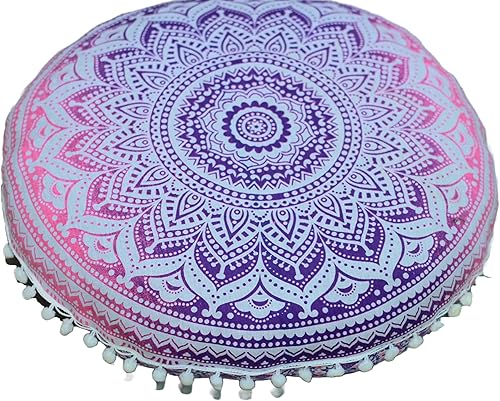 Miniatura 7 de Funda de almohada redonda con diseño de mandala, para asiento, otomano, con pompones, hippie, decorativo, bohemio, indio, de 22 pulgadas (rosa y