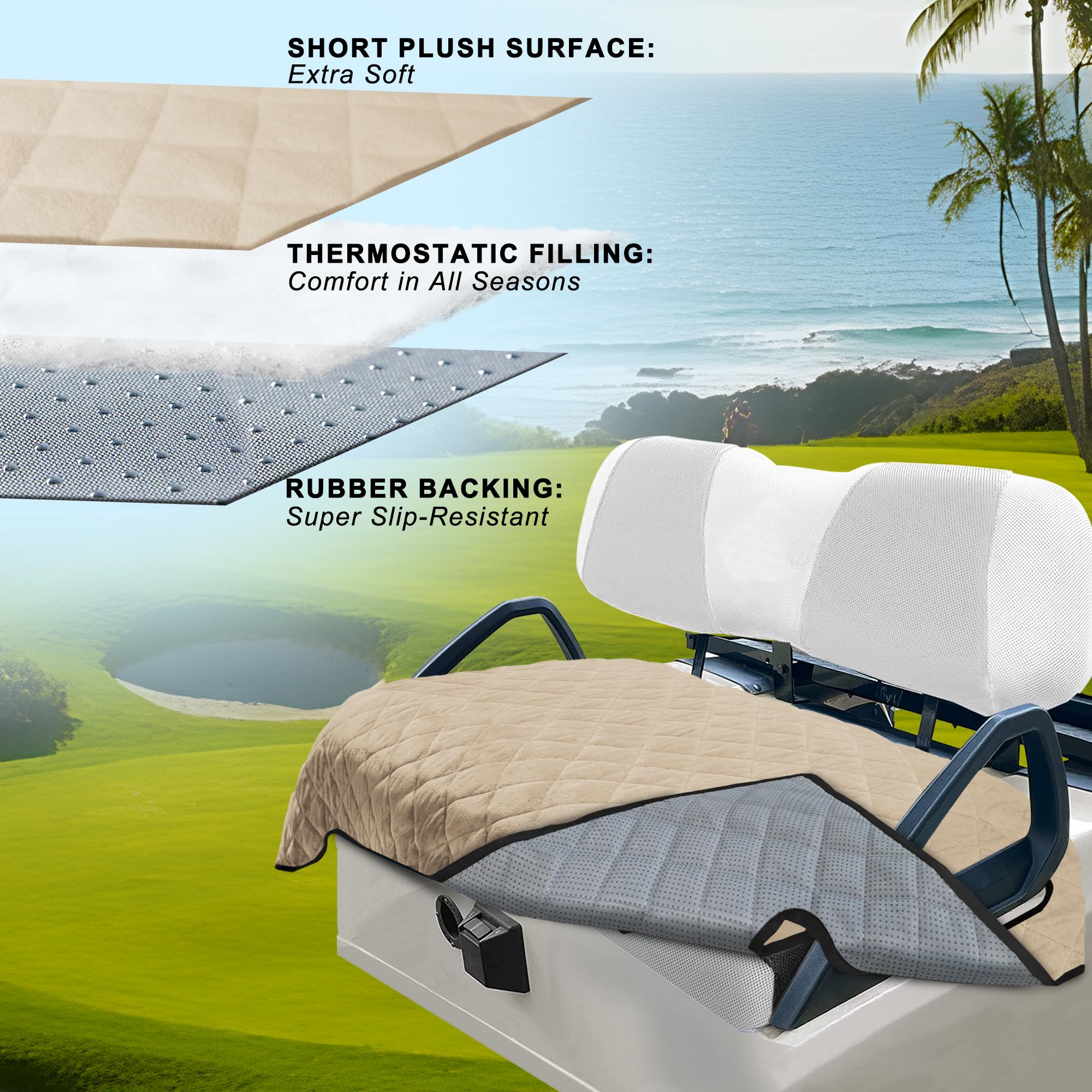 YOKYHOM Golfwagen-Sitzbezüge für 2 & 4 Personen-Carts, Dicker kurzer Plüsch mit Rutschfester Rückseite, ultraweiche Sitzhandtuch-Decke, passend für EZGO, Club Car, Yamaha, 129,5 x 77,5 cm, Khaki