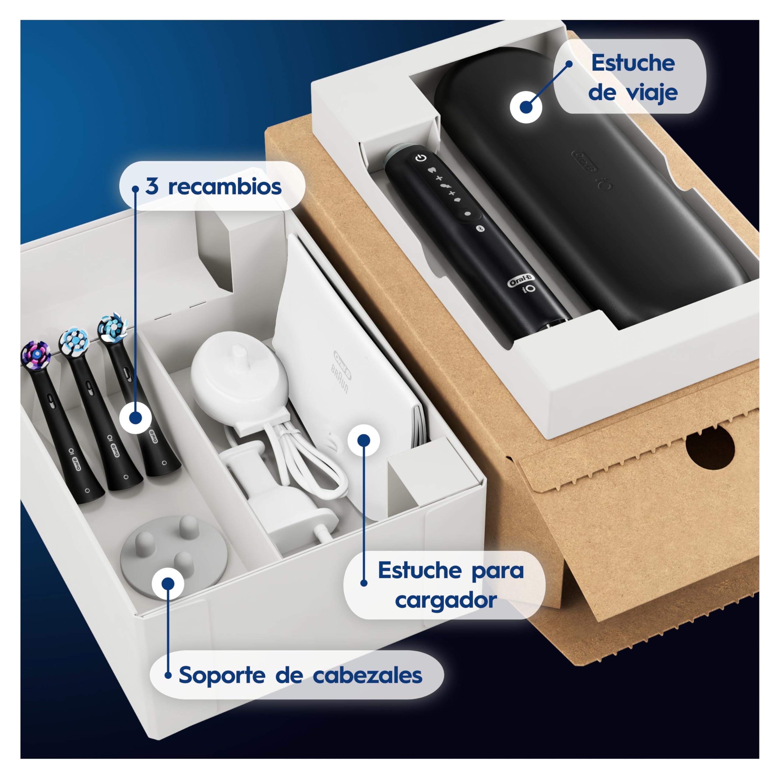 Oral-B iO 5 Cepillo de Dientes Eléctrico con 3 Cabezales y Estuche de Viaje, Negro - Cepillo Dental Recargable con Sensor de Presión, 5 Modos de Cepillado con Blanqueamiento Dental