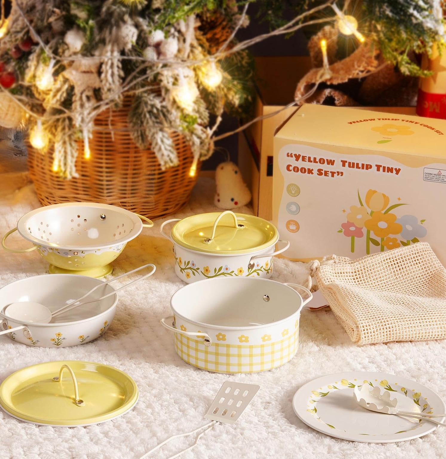 ROBOTIME Set di utensili da cucina in latta, set di pentole con fiori giallo crema, mini accessori da cucina da gioco, pentole e padelle giocattoli con una borsa a rete, stile francese, per bambini