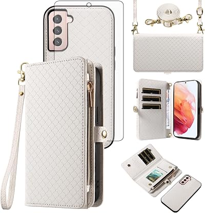 Asuwish Phone Case for Samsung Galaxy S21 5G 6.2 inch Zipper Wallet Detachable Cell Cover with Tempered Glass Screen Protector Crossbody Lanyard Strap Flip Card Holder Slot S 21 21S G5 Women White
