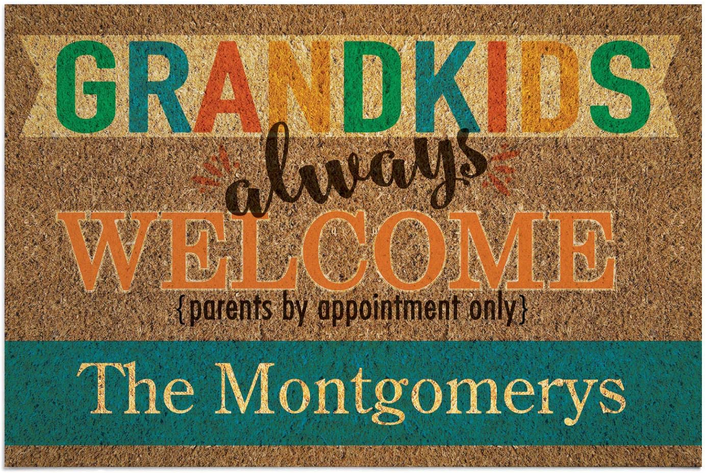 Grandkids Always Welcome Personalized Doormat - Brown Entry Door Mat with Name Printing on Durable 1/8" Thick Low Profile Welcome Mat, Indoor Outdoor, Non Slip Rubber Backing, Rectangular, 18x27