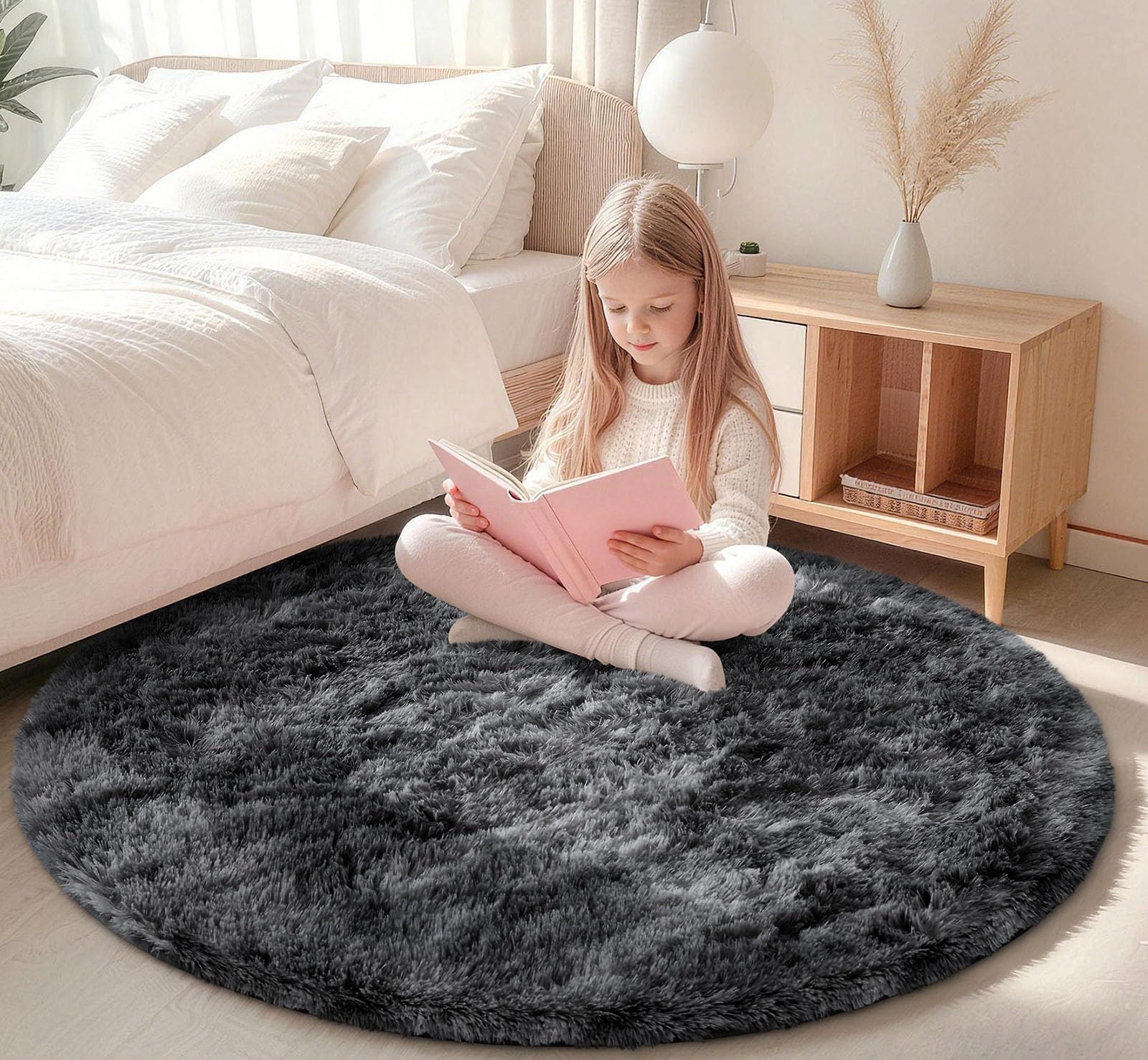 Homaxy Fluffy Rugs Living Room, Soft Shaggy Anti Slip Non Shedding Carpet, High Pile Modern Washable Area Rug for Nursery Bedroom, Easy Care Home Decor, Round 120 cm, Black & Grey