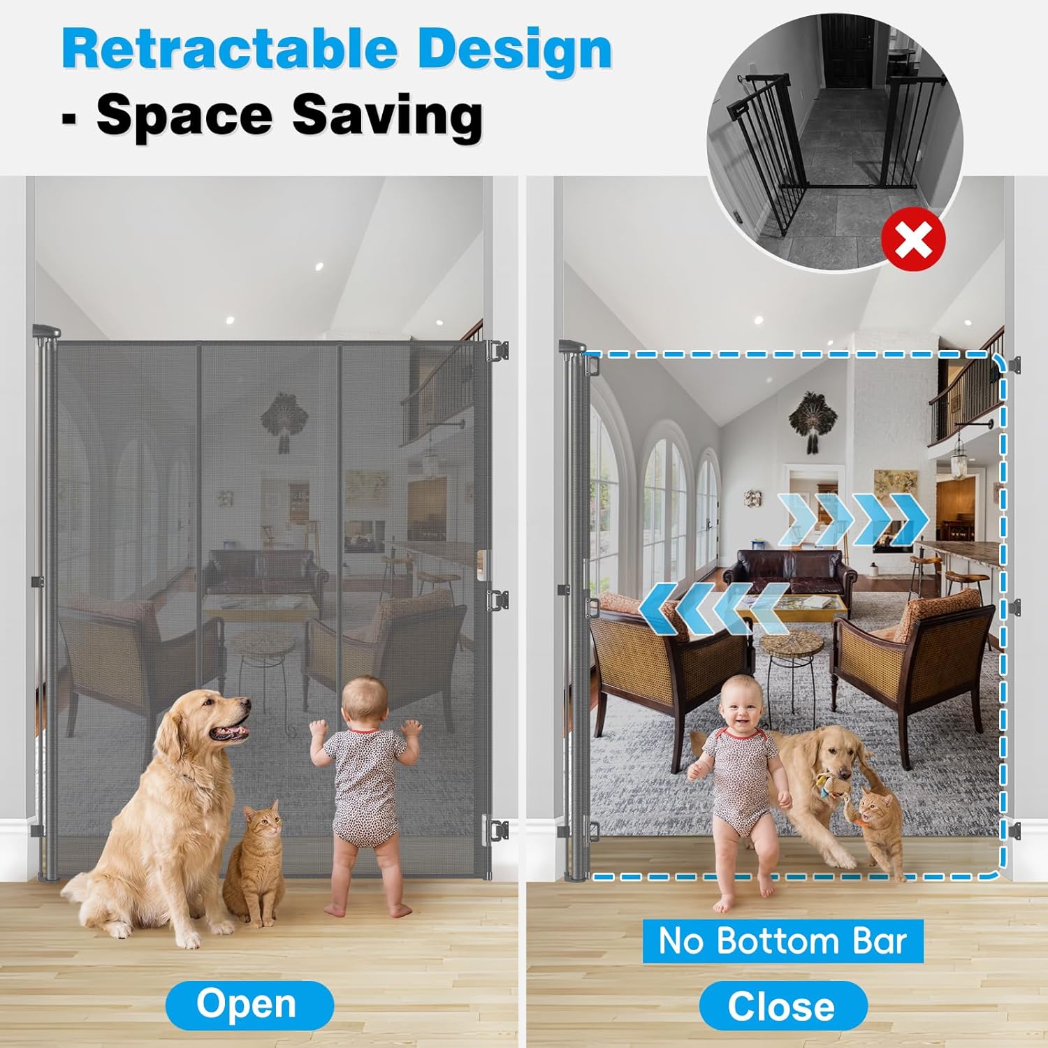 Reinforced 72" Extra Tall Baby Gate for Doorway, Jump-Resistant & Prevent Crawling Underneath Retractable Dog Gate Indoor, Fits 0-55" Width Retractable Cat Gate, No Bottom Bar Safety Mesh Pet Gate