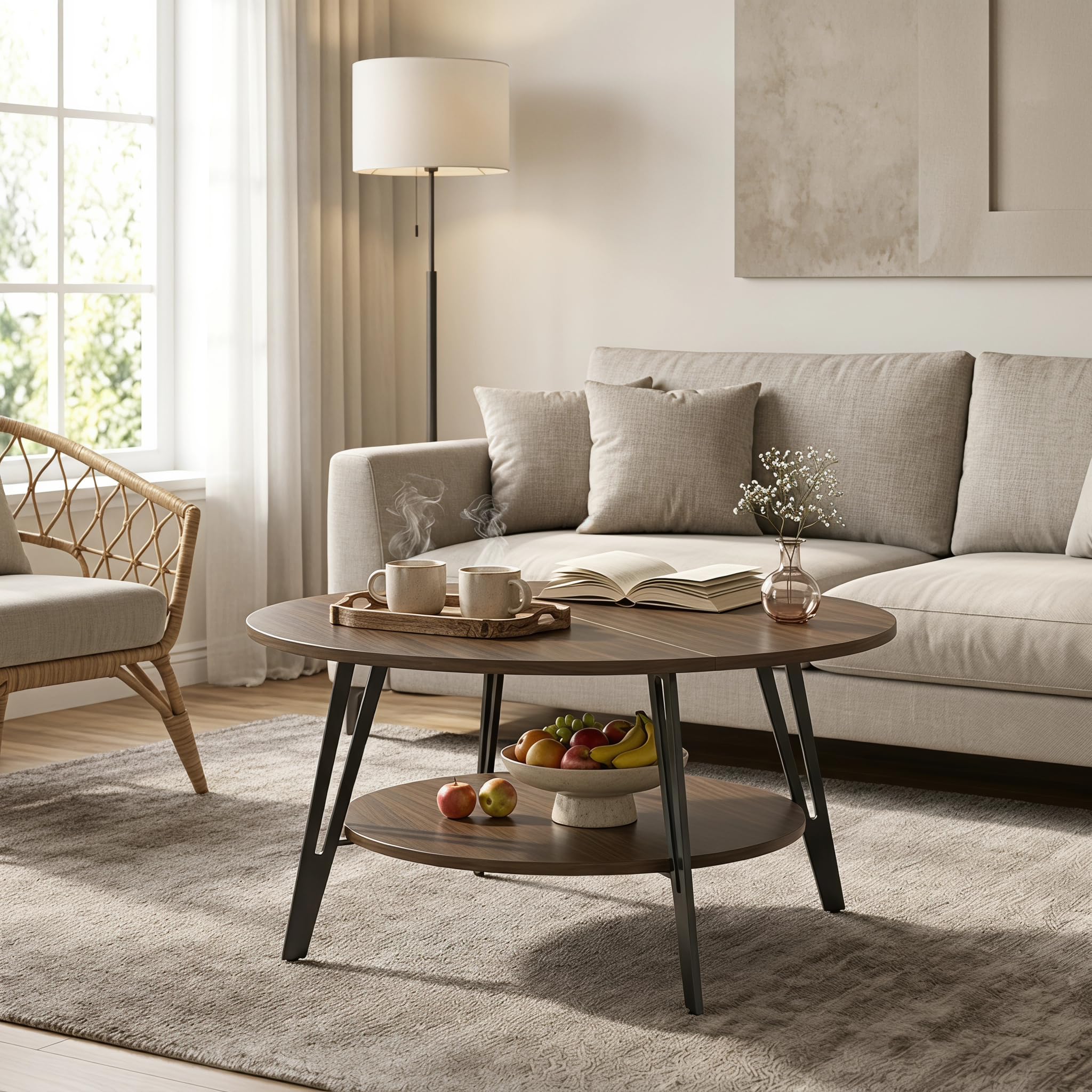 Manora Couchtisch Rund Nussbaum- Moderner Design Wohnzimmertisch Holz & Metall Mit Praktischem Stauraum, Sofatisch Beistelltisch Couch (Braun)