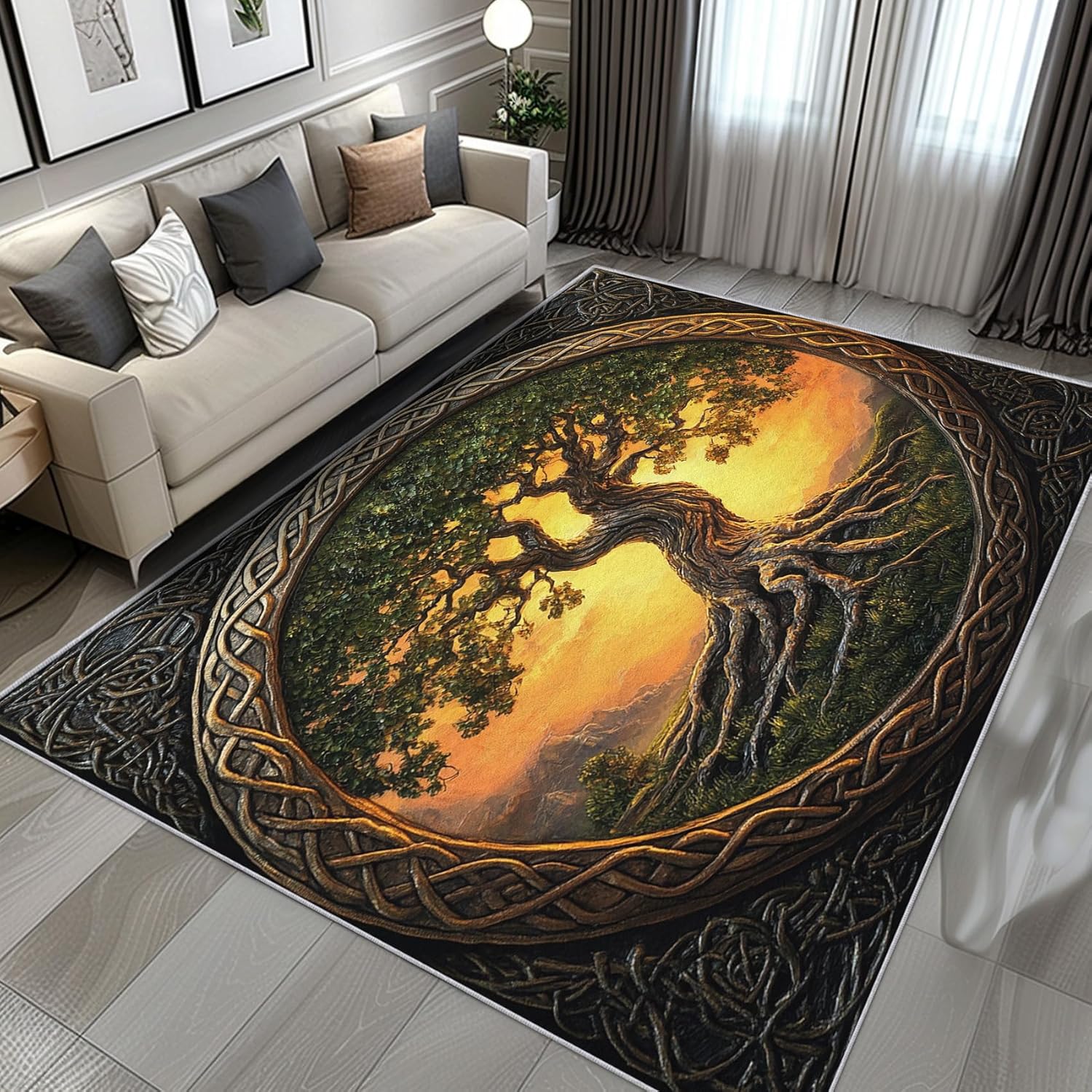 Tree of Life Rug 6x9, Washable Viking Rugs for Living Room Bedroom, Colourful Tree Area Rug for Home Decor, Non Slip Backing Floor Carpet with Gripper - 6 x 9 ft