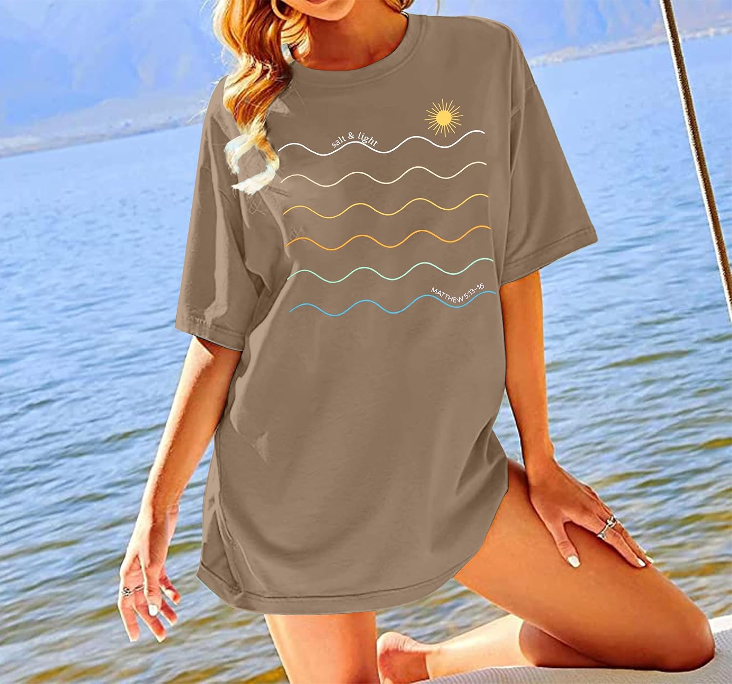 Womens Oversized Tee Shirts Vintage Sunshine Graphic Tees Hiking T-Shirts Boho Summer Short Sleeve Top - Image 3