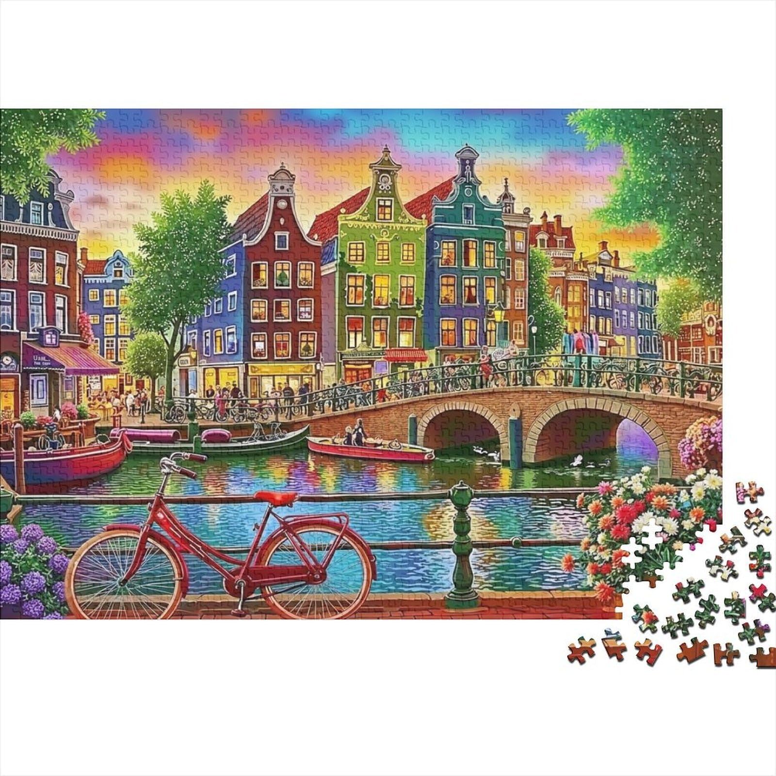 Amsterdam Canal Scene Puzzle 1000 Pieces Challenge Game for Adults, Impossible Jigsaw Puzzles 1000 Piece Educational Game Home Decoration 52x38cm/1000pcs
