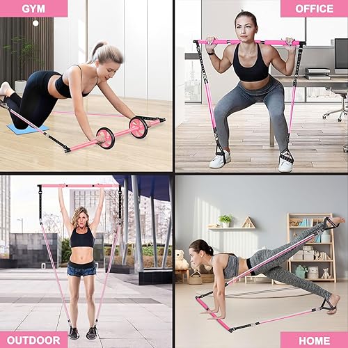 Miniatura 7 de Kit de barra de pilates con bandas de resistencia, barra de ejercicio de equipo de pilates con rodillo de abdominales para entrenamiento de