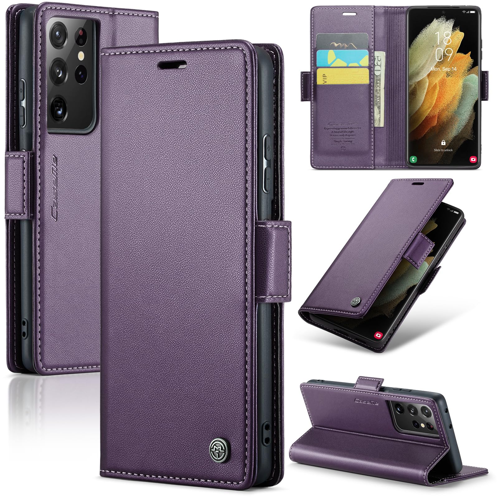 View 1 of AUPAI for Samsung Galaxy S21 Ultra Wallet Case with Credit Card Holder, PU Leather RFID Blocking Folio Flip Kickstand Magnetic Clasp Protective Phone Cover for Women Men Purple