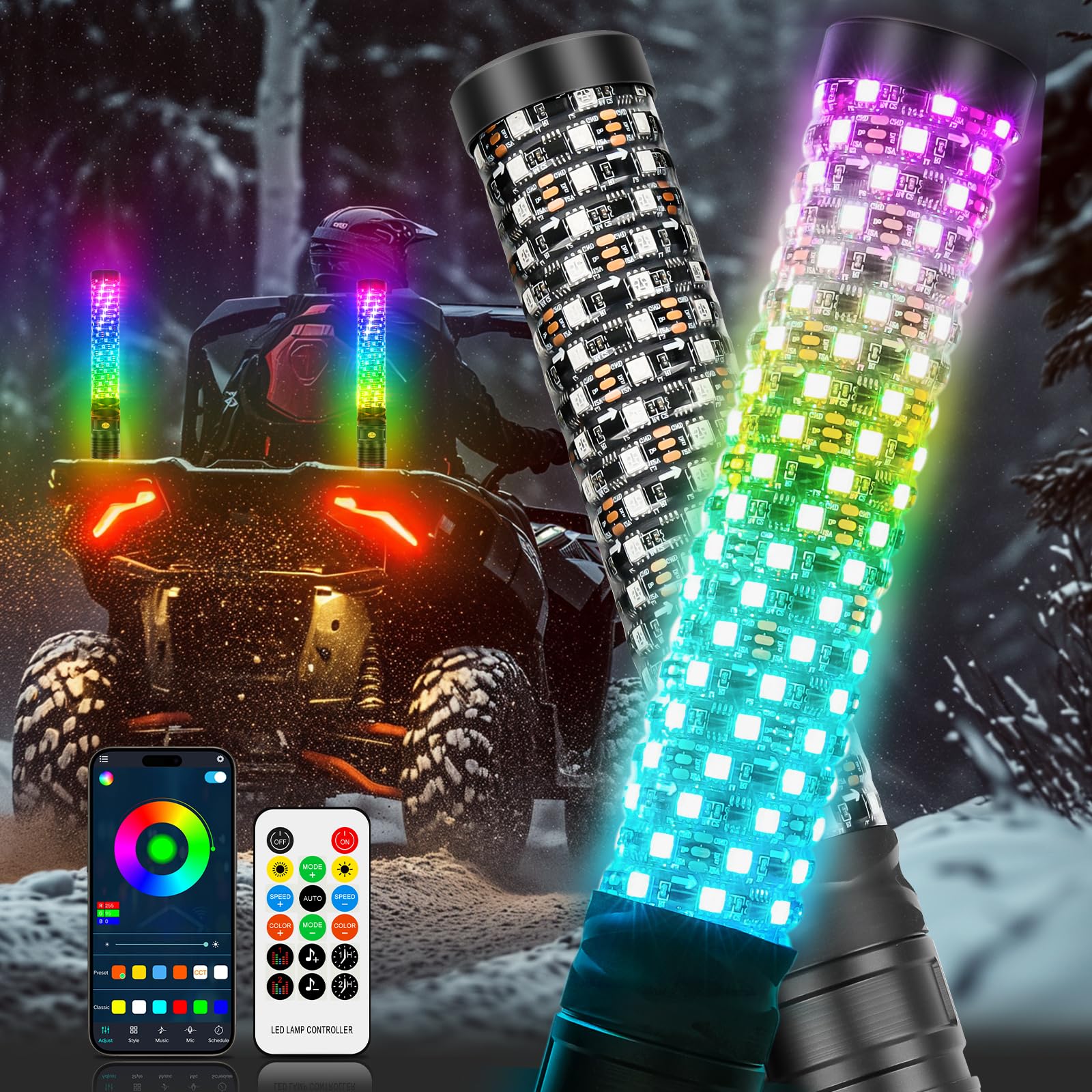 DREAMIZER 2PCS 1FT Fat Spiral Led Whip Lights with APP&Remote Control RGB Chasing Dancing Lighted Antenna Whips Compatible with Can-Am X3 UTV ATV RZR SXS Dune Buggy Offroad Truck