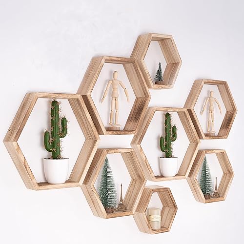 Miniatura 4 de WONFUlity - Estantes flotantes hexagonales, estantes de panal, estantes de pared de estilo granja de madera montada en la pared, para