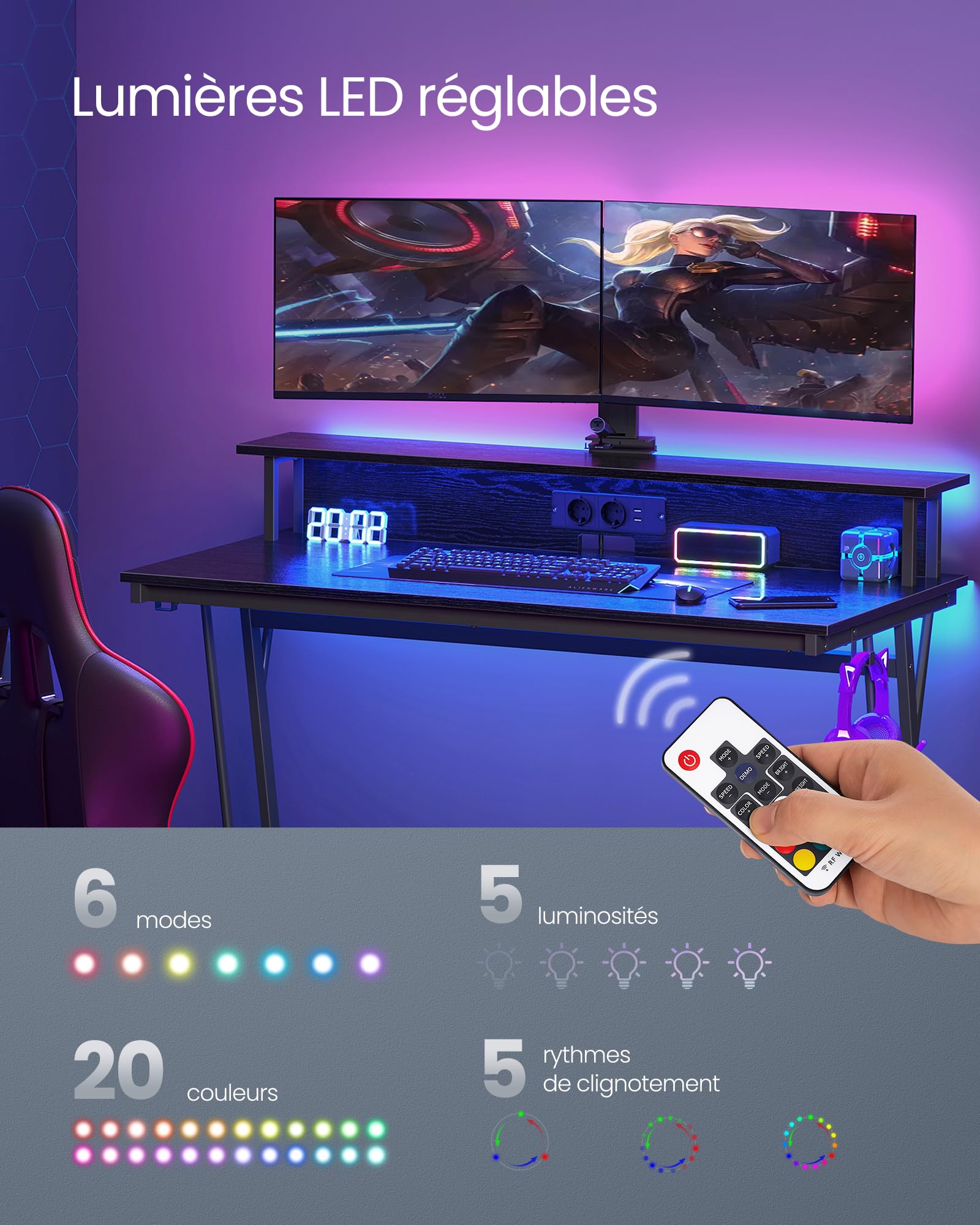 VASAGLE Bureau Gaming avec LED et Multiprise, Table Gamer, Bureau Informatique avec Rehausseur d’Écran, pour 2 Ordinateurs, pour Chambre, 60 x 120 x 76 cm, Noir Boisé LWD192B56