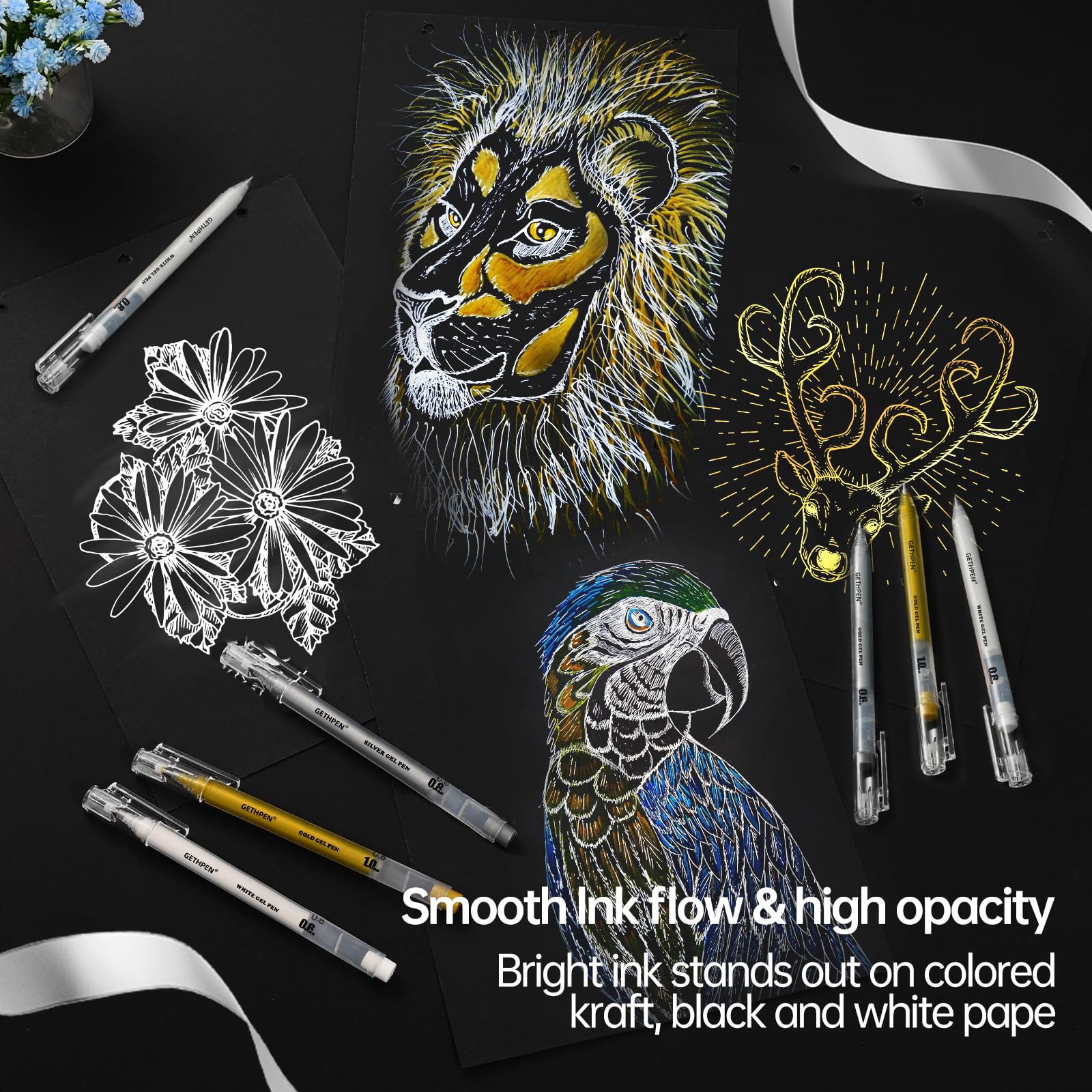 3 Colors Gel Pen Set White Gold Silver 1 0mm Fine Point Gel Ink Pens for Artists Black — view 4