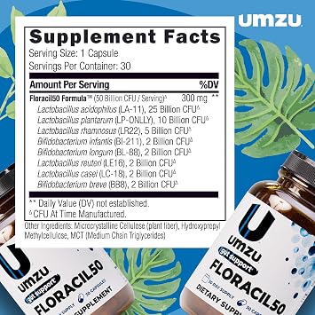 UMZU Floracil50 Probiotic Supplement 30 Day Supply 50 Billion CFU with Lactobacillus Acidophilus Rhamnosus and Plantarum Supports Gut Health Digestion Immunity and Microbiome Balance