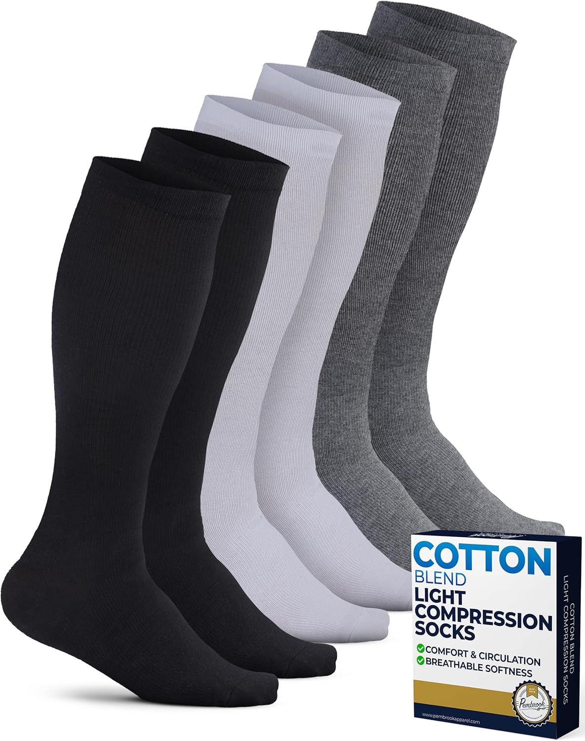 Pembrook Light Cotton Compression Socks for Men & Women - 3 Pairs | 8-15 mmHg Light Compression Socks for Men, Comfort and Support